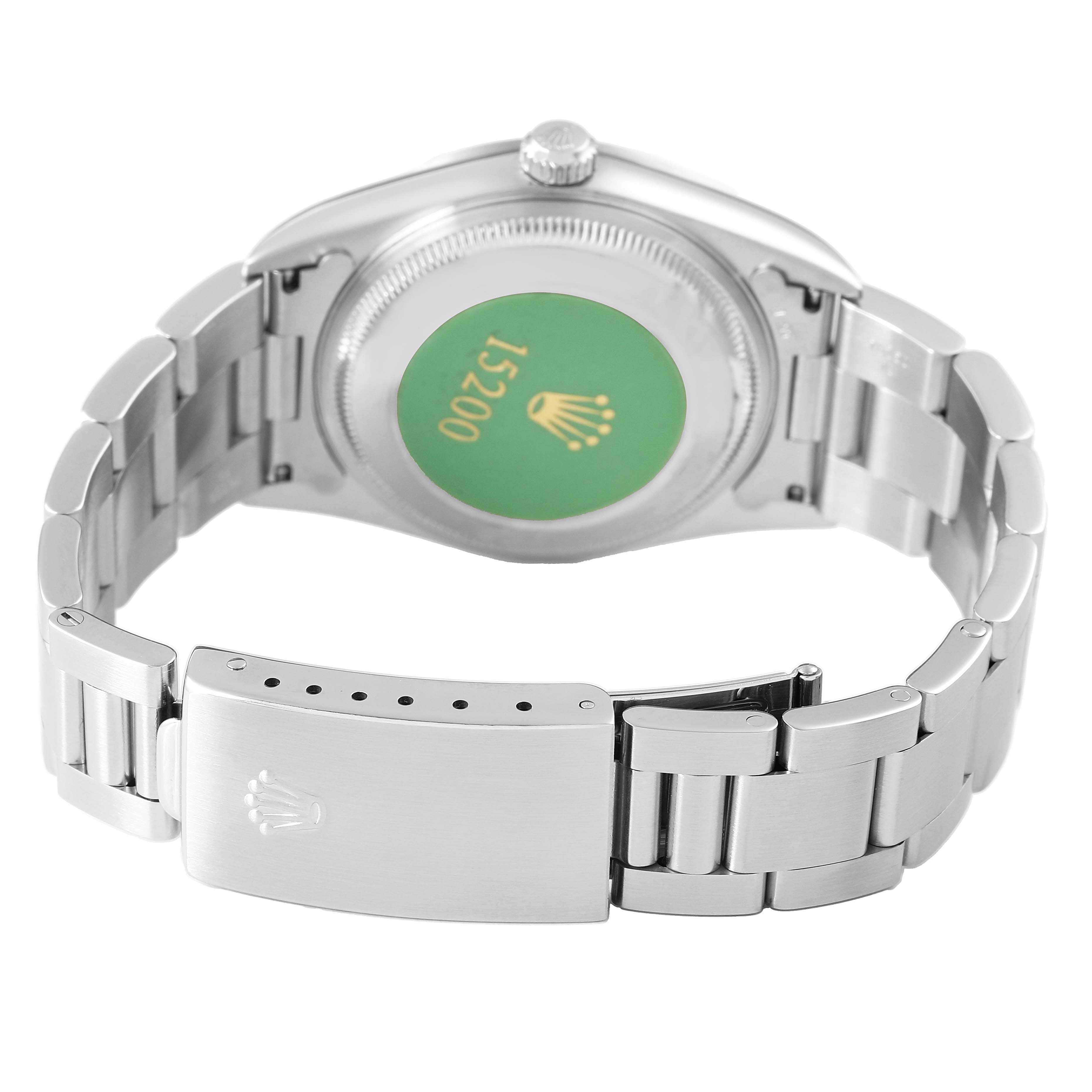 The image shows the back and clasp of a Rolex Oyster Perpetual 15200 Men's Stainless Steel Black Dial, highlighting the bracelet and case back.