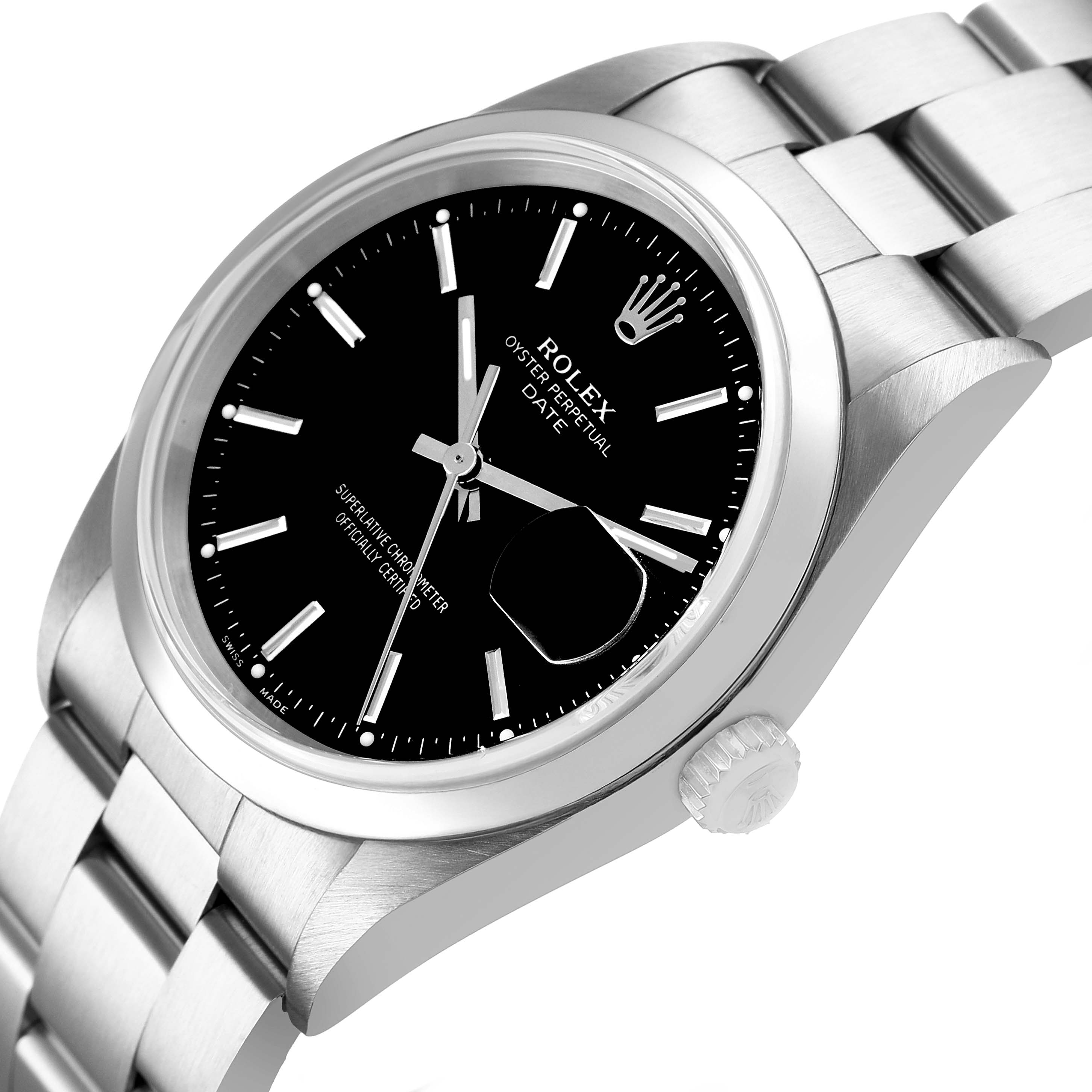 The Rolex Oyster Perpetual 15200 Men's Stainless Steel Black Dial watch is shown from an angled side view, highlighting its dial, bracelet, and crown.