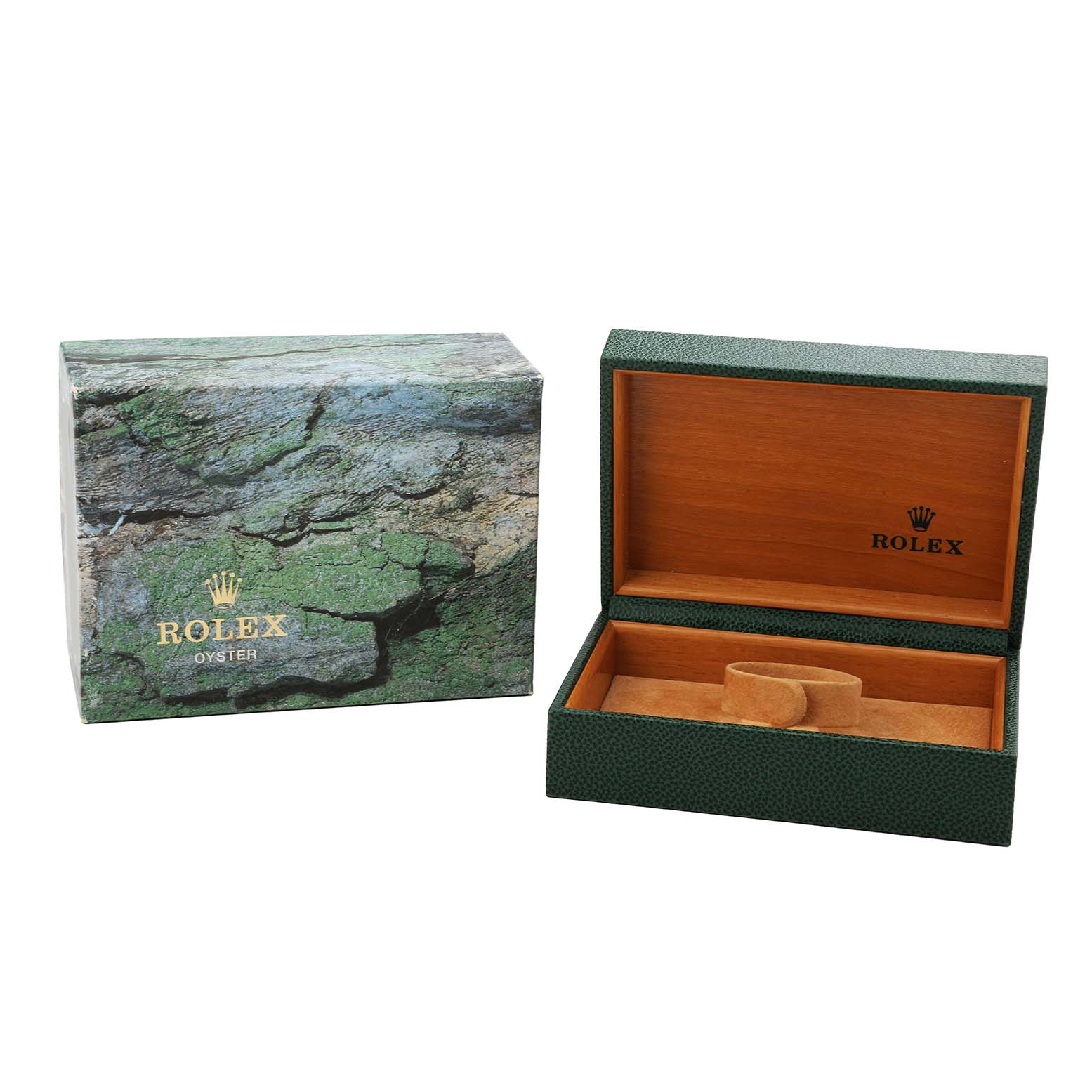 The image shows an open Rolex Oyster Perpetual 15200 Men's Stainless Steel Black Dial watch box and its outer packaging, viewed from the front.