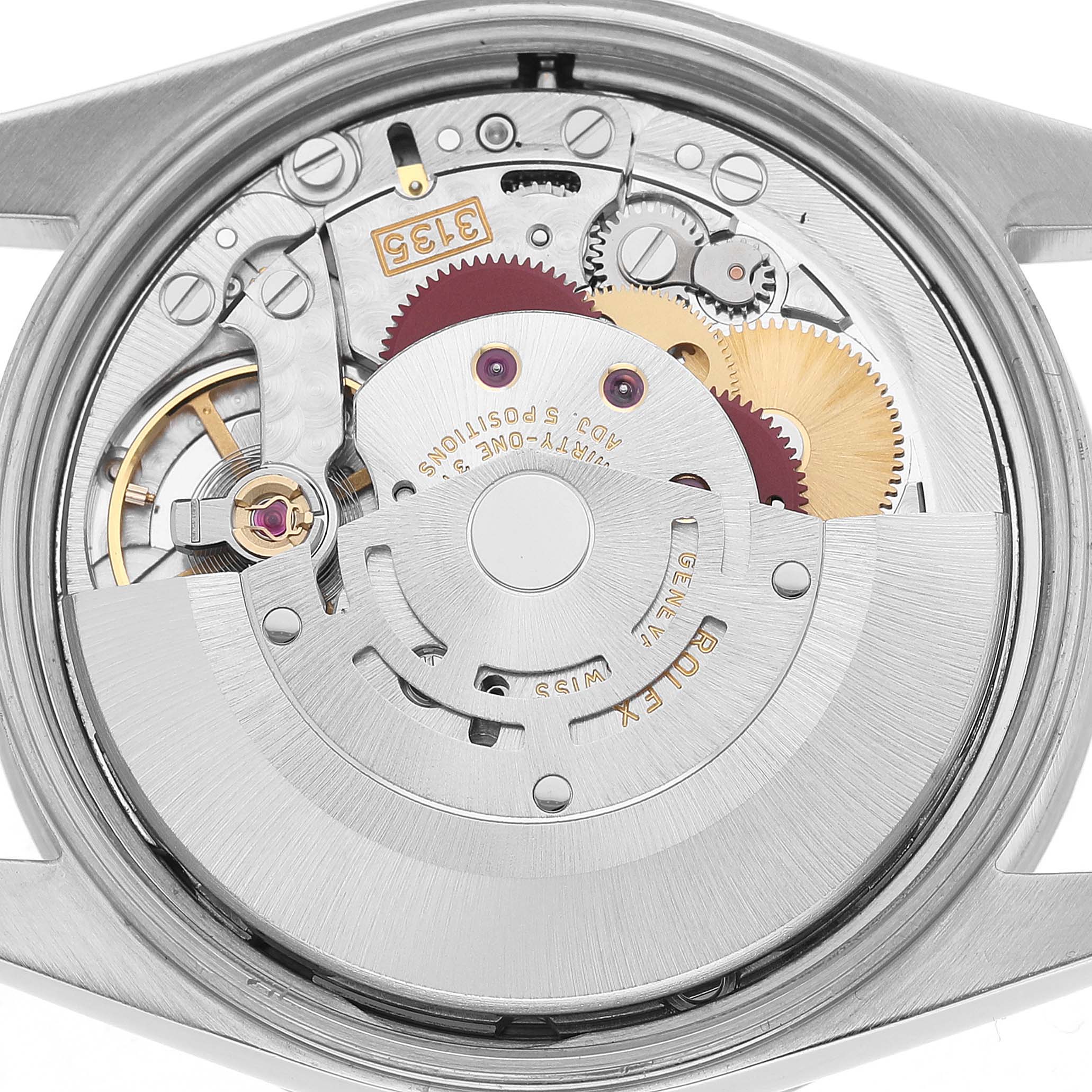 The image shows the internal mechanical components of a Rolex Oyster Perpetual 15200 Men's Stainless Steel Silver Dial watch from a rear, open-case perspective.