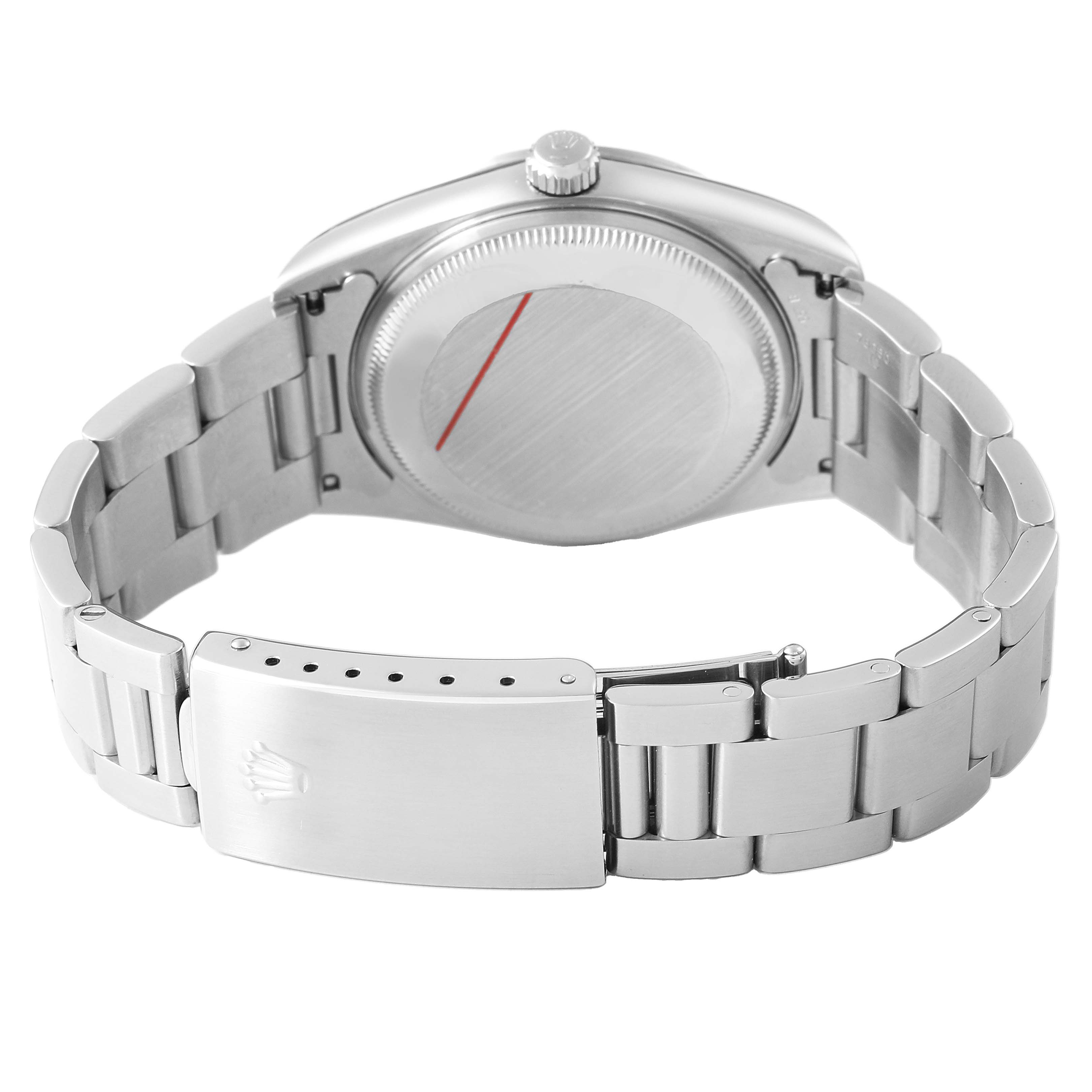 The image shows the back view of a Rolex Oyster Perpetual 15200 Men's Stainless Steel Silver Dial watch, highlighting the case back and bracelet with the clasp.