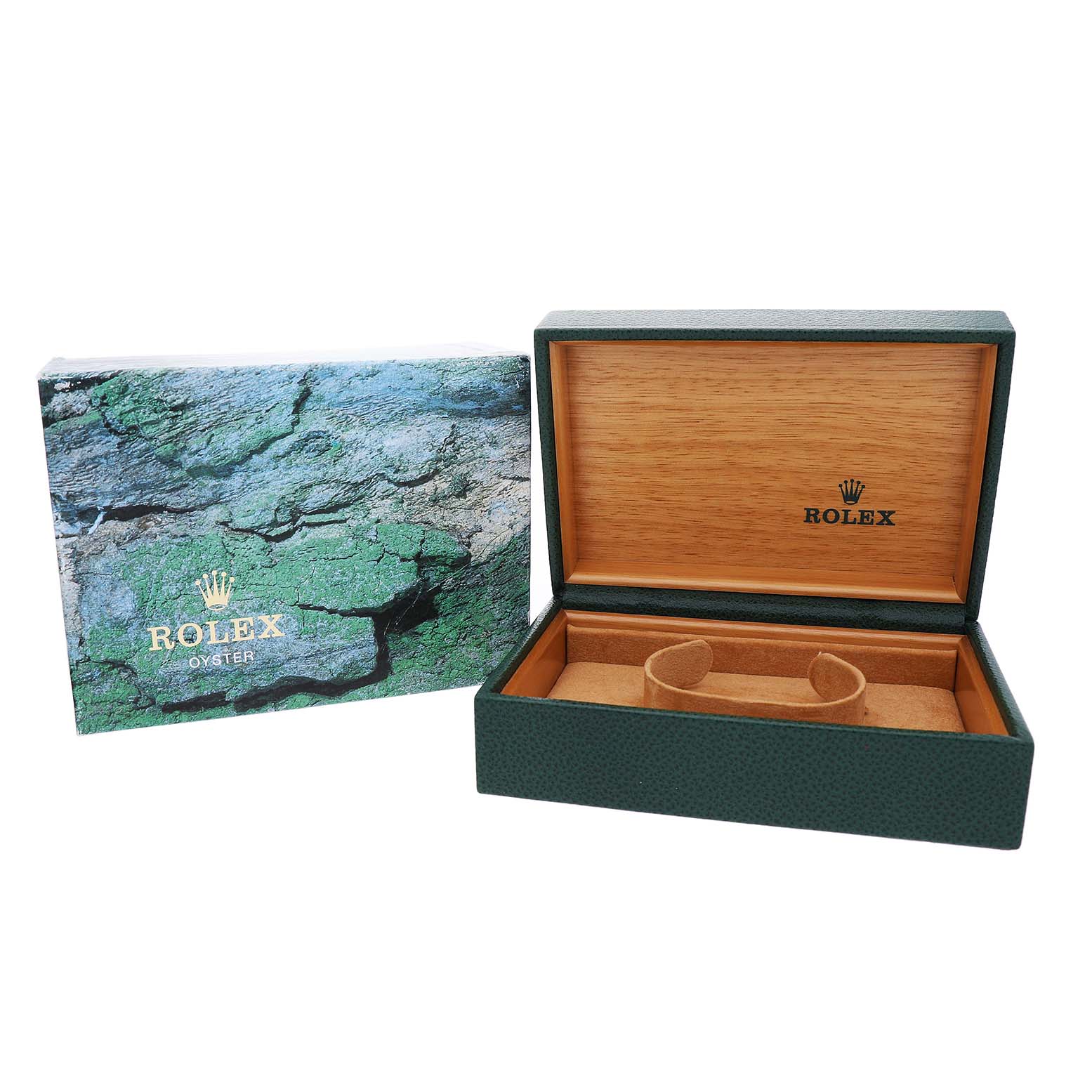 The image shows the packaging and open box of a Rolex Oyster Perpetual 15200 Men's Stainless Steel Silver Dial, featuring its outer sleeve and wooden interior.