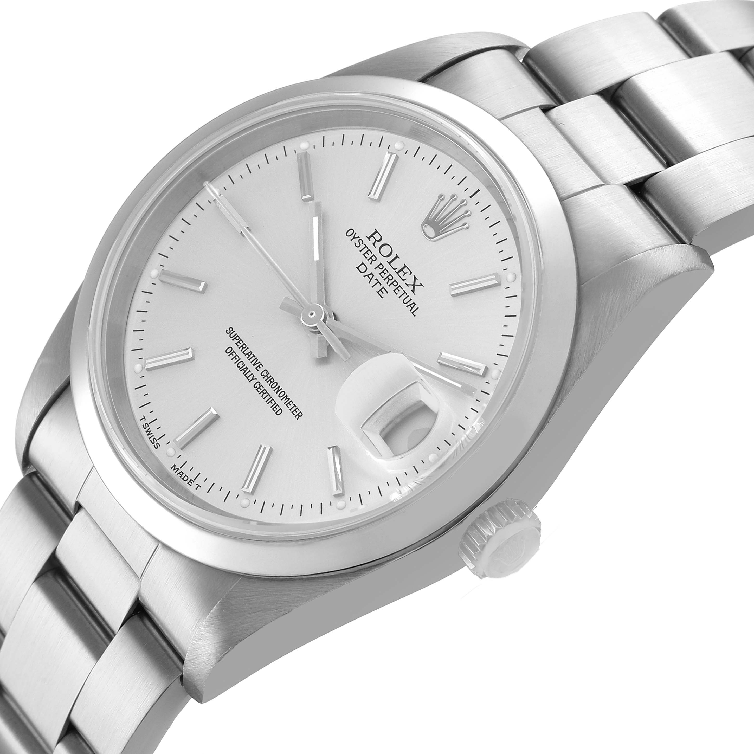 The Rolex Oyster Perpetual 15200 Men's Stainless Steel Silver Dial watch is shown at an angle highlighting the face, bezel, bracelet, and crown.