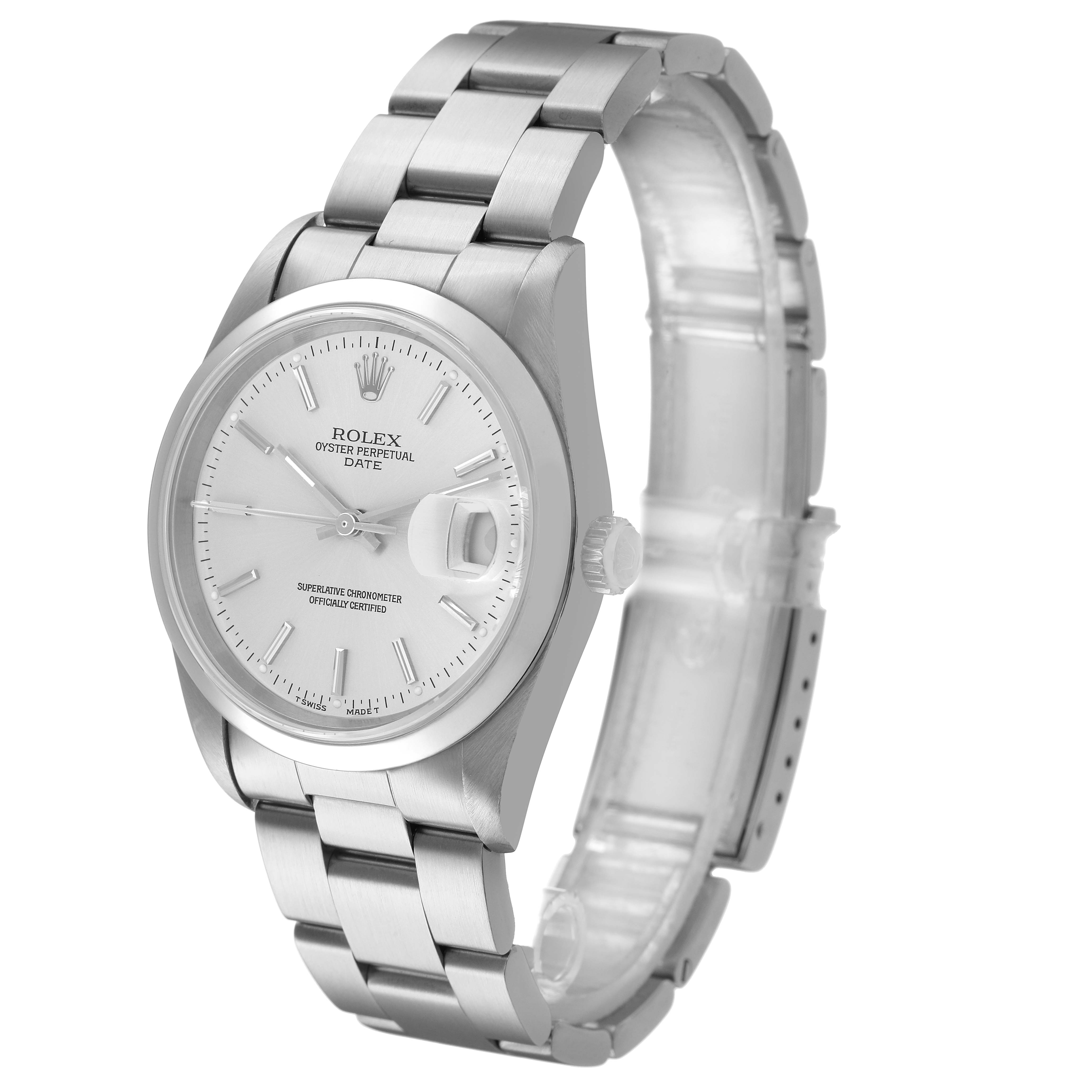 The Rolex Oyster Perpetual 15200 Men's Stainless Steel Silver Dial watch is shown from a front angle, highlighting its dial, bezel, and bracelet.