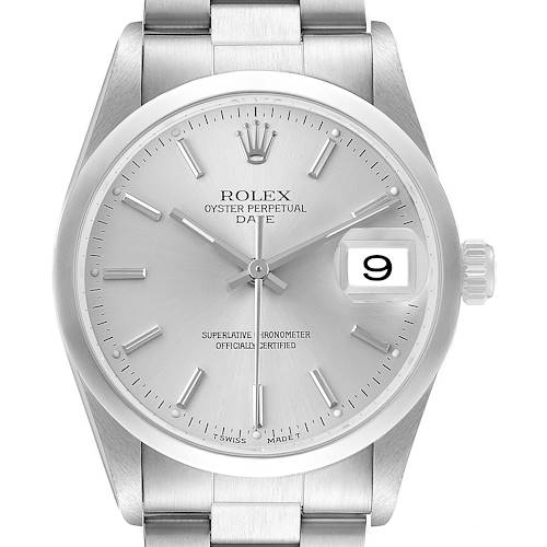 The Rolex Oyster Perpetual 15200 Men's Stainless Steel Silver Dial watch is shown from the front, highlighting the dial, date window, and bracelet.