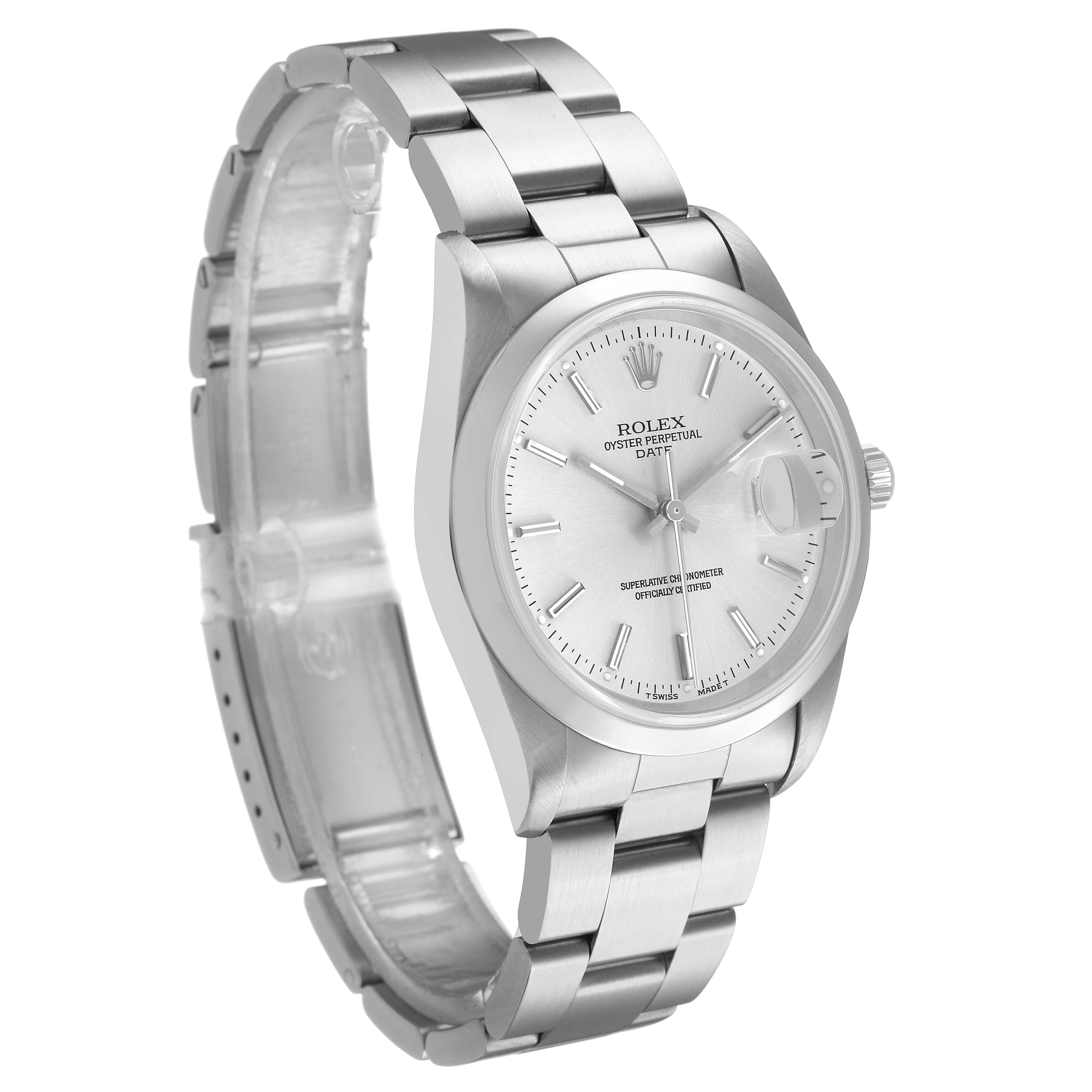 The Rolex Oyster Perpetual 15200 Men's Stainless Steel Silver Dial watch is shown at a slight angle highlighting the face, bezel, crown, and part of the bracelet.