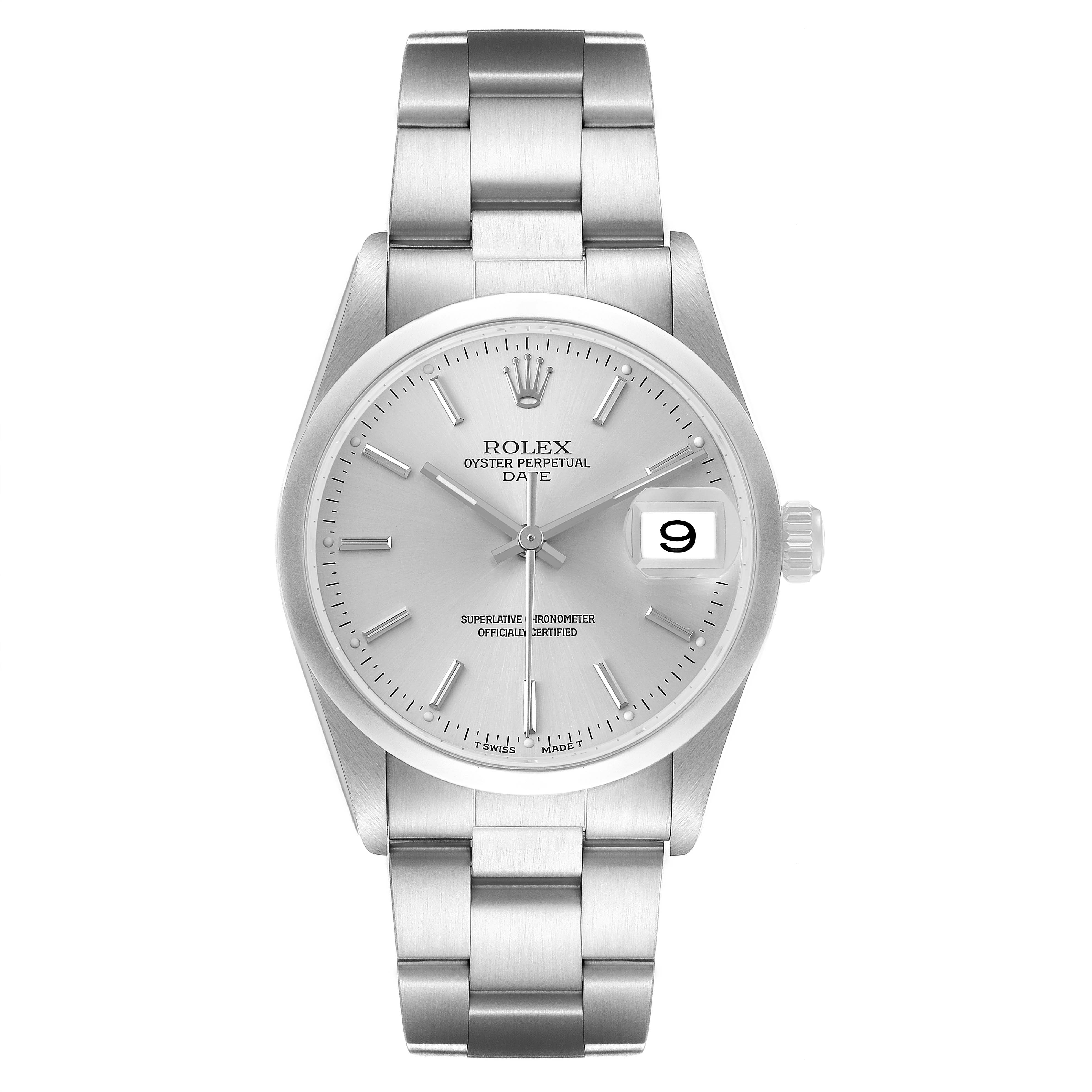 The Rolex Oyster Perpetual 15200 Men's Stainless Steel Silver Dial watch is shown from a front angle, highlighting its silver dial, bezel, bracelet, and date display.
