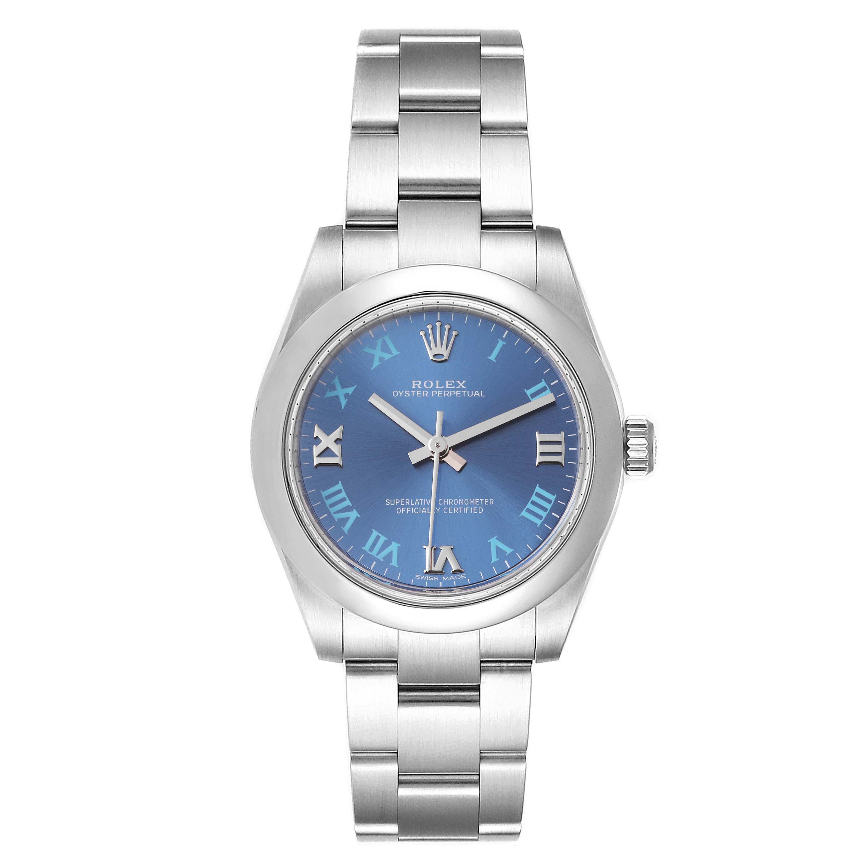 This image shows a front view of a Rolex Oyster Perpetual Mid-Size watch with a blue dial and a stainless steel bracelet.