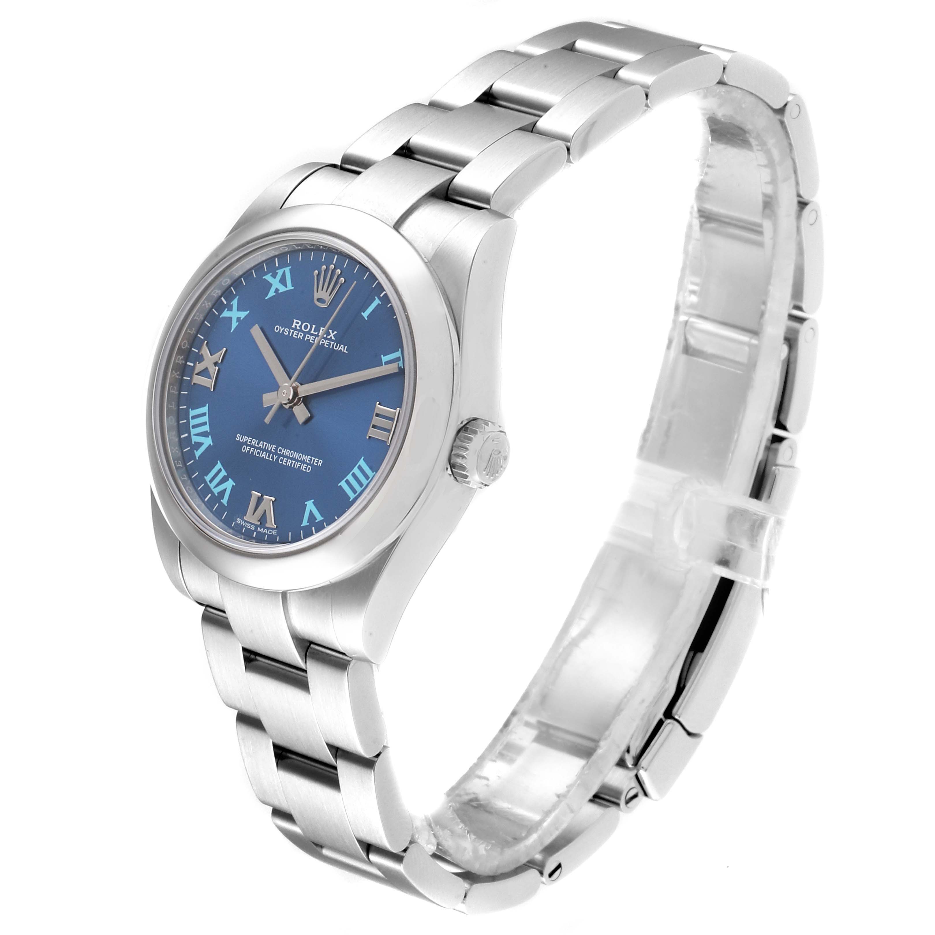 The image shows a Rolex Mid-Size 177200 Women
s Stainless Steel Blue Dial 177200 Women
s Stainless Steel Blue Dial Oyster Perpetual watch from a front-side angle, highlighting its blue dial and metal bracelet.