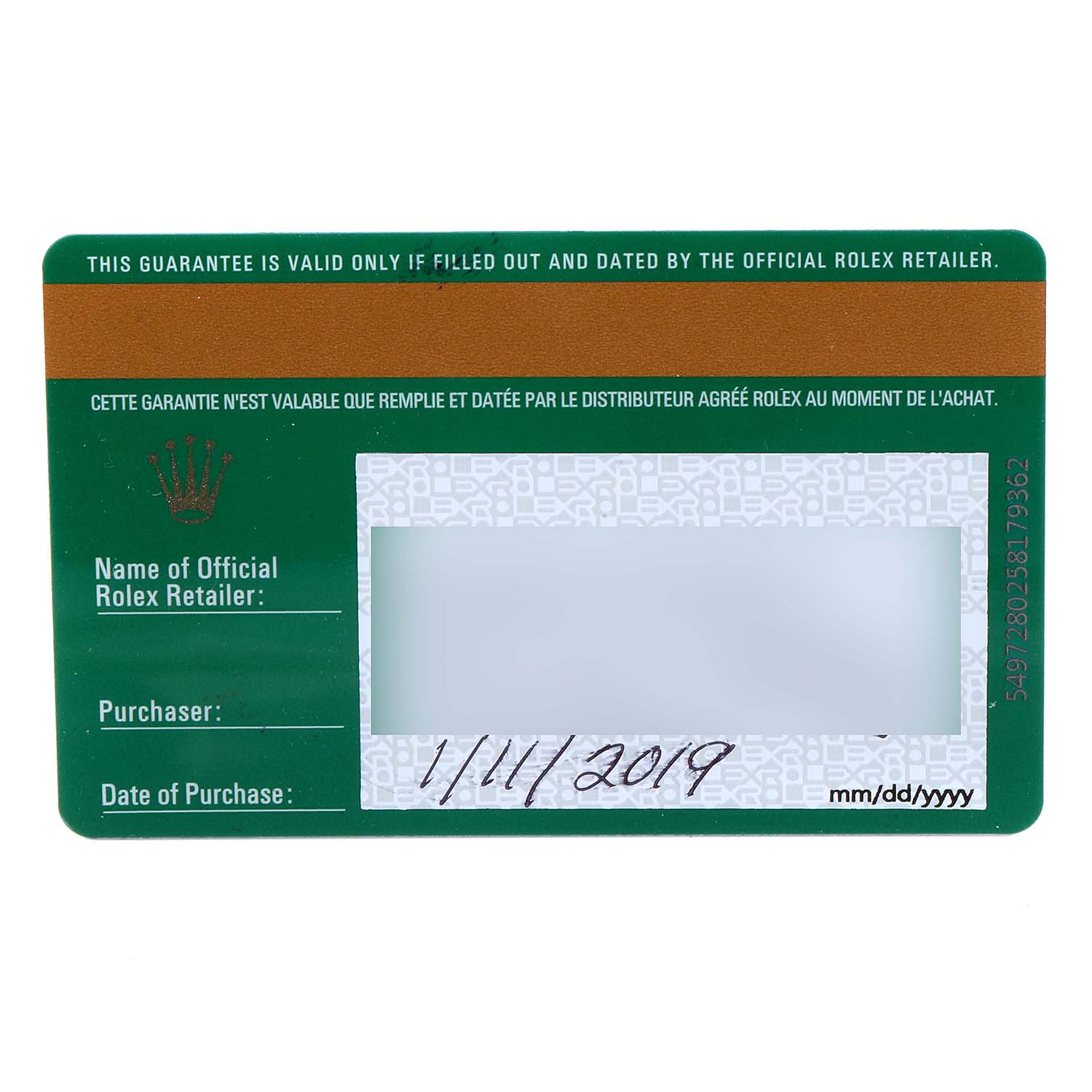 This image shows a guarantee card for a Mid-Size Rolex watch with purchase information filled in.