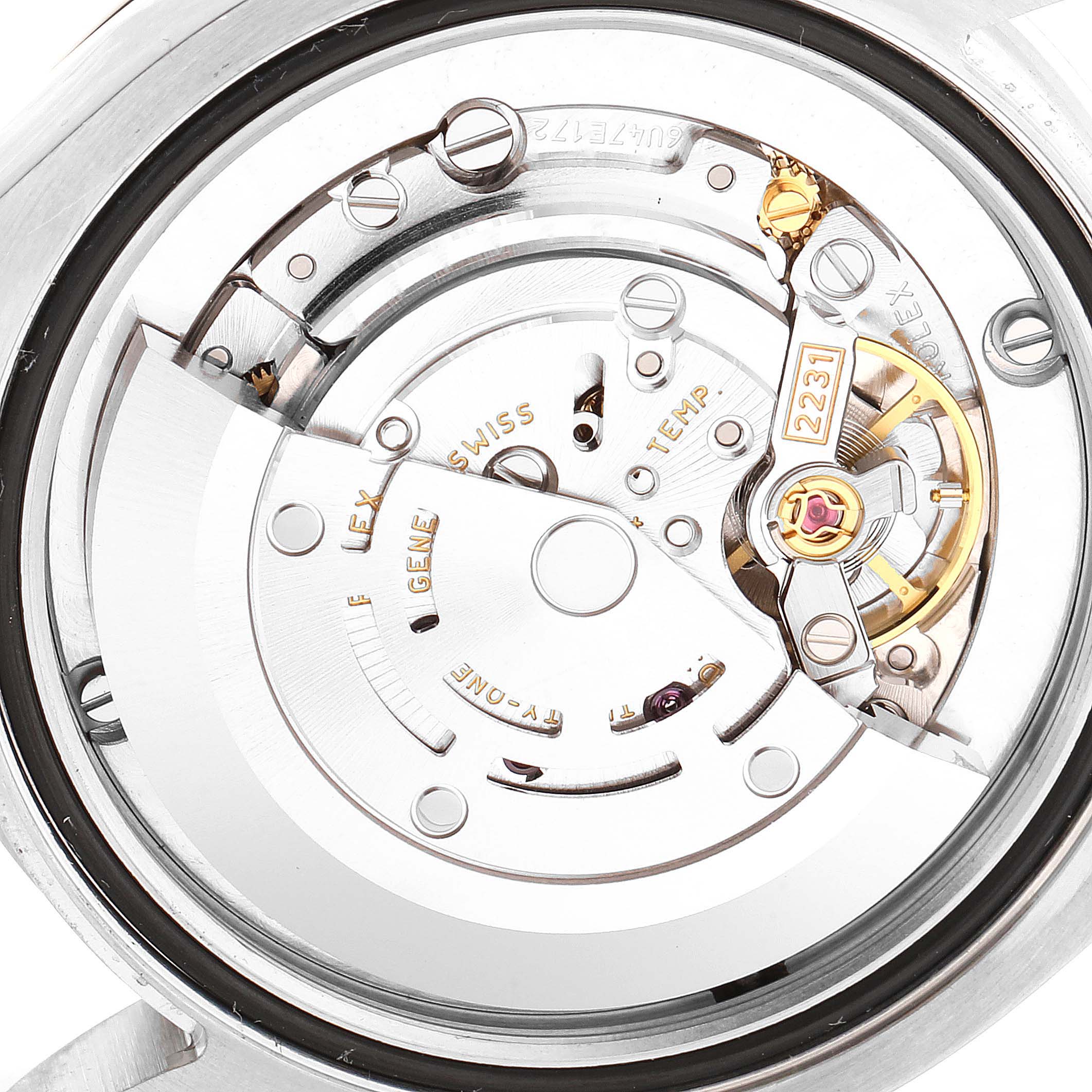 This image shows the internal movement mechanism of a Rolex Mid-Size 177200 Women
s Stainless Steel Blue Dial 177200 Women
s Stainless Steel Blue Dial watch from a top-down angle.