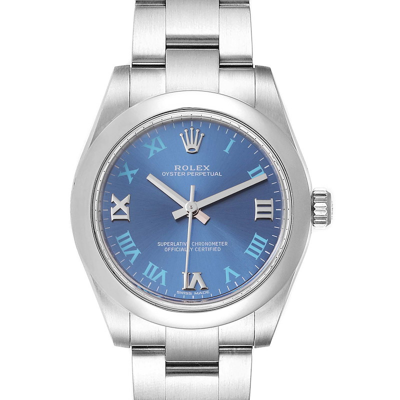 Rolex Oyster Perpetual Midsize 31 Blue Dial Ladies Watch 177200 Box Card SwissWatchExpo