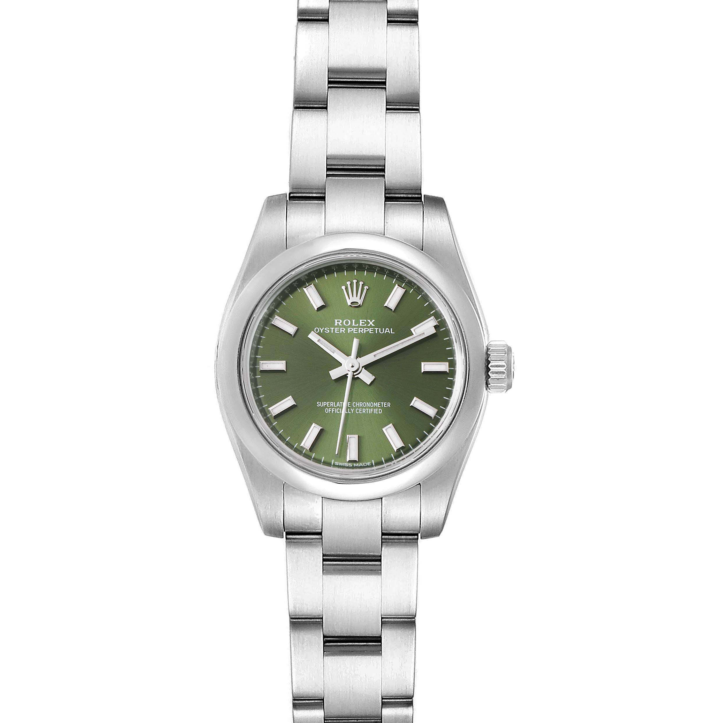 This image shows the front view of a Rolex Oyster Perpetual 176200 Women's Stainless Steel Green Dial 176200 Women's Stainless Steel Green Dial watch with a green dial and a stainless steel bracelet.