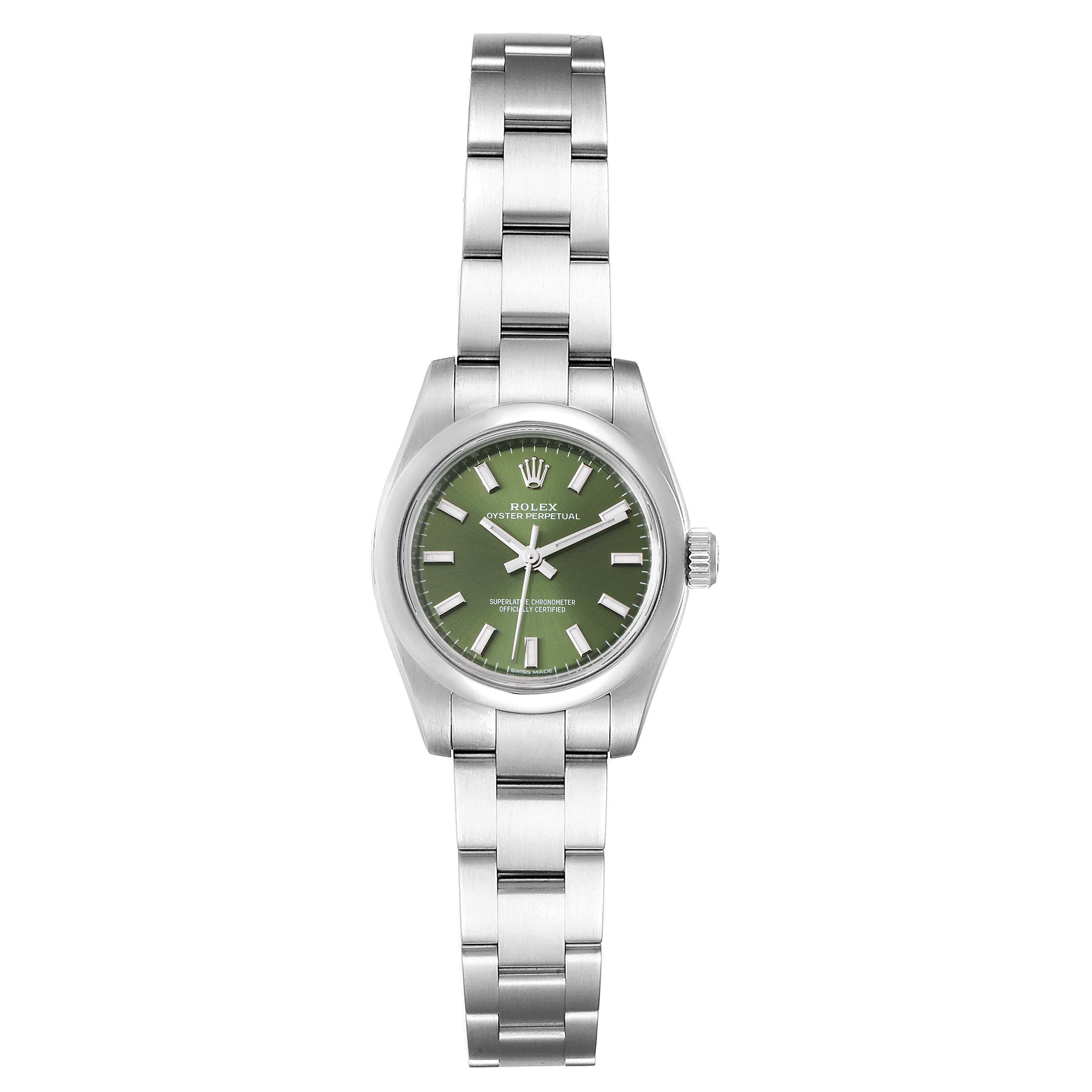 The image shows a front view of a Rolex Oyster Perpetual 176200 Women's Stainless Steel Green Dial 176200 Women's Stainless Steel Green Dial watch with a green dial and stainless steel bracelet.