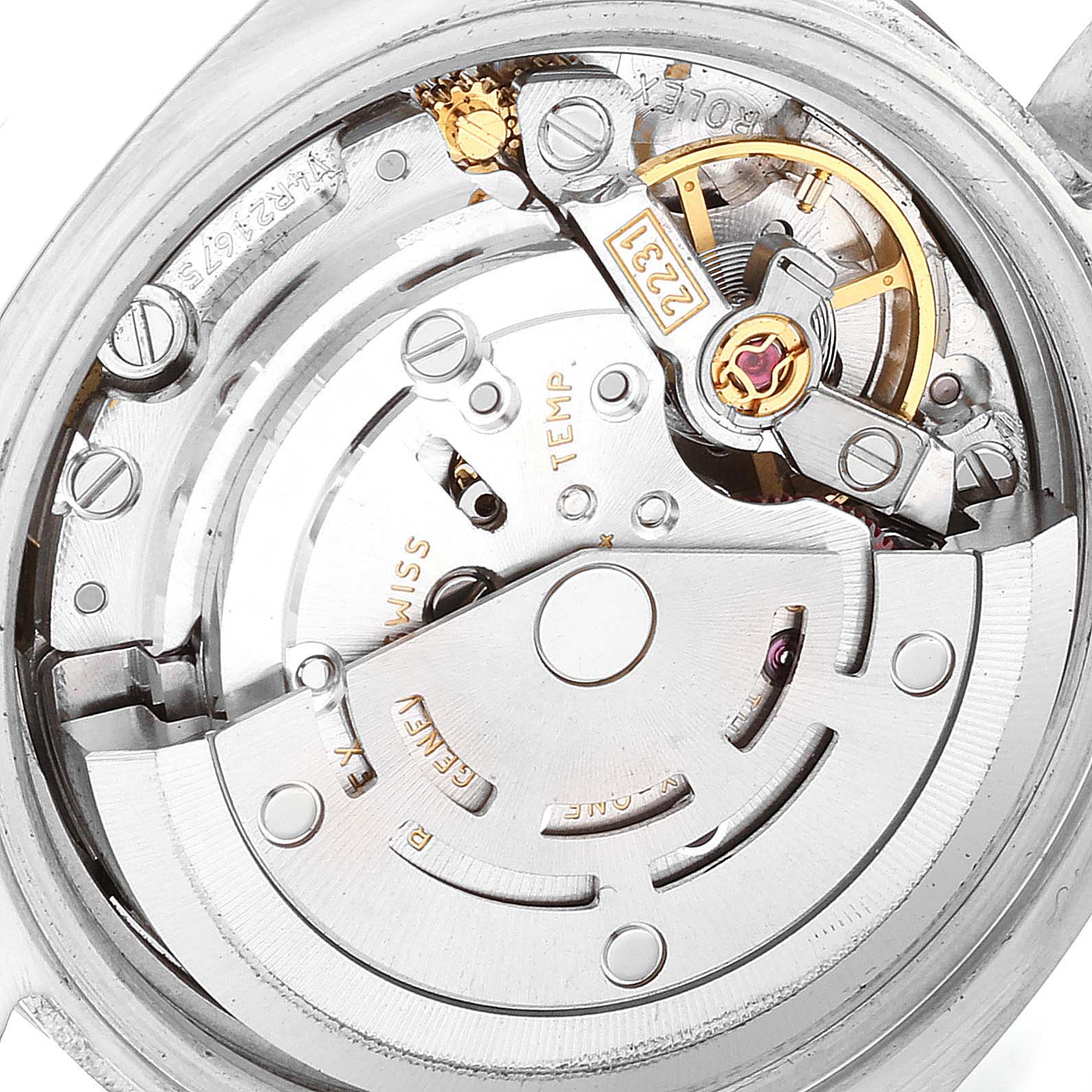 This image shows the intricate internal mechanism of a Rolex Oyster Perpetual 176200 Women's Stainless Steel Green Dial 176200 Women's Stainless Steel Green Dial watch, highlighting its movement components.