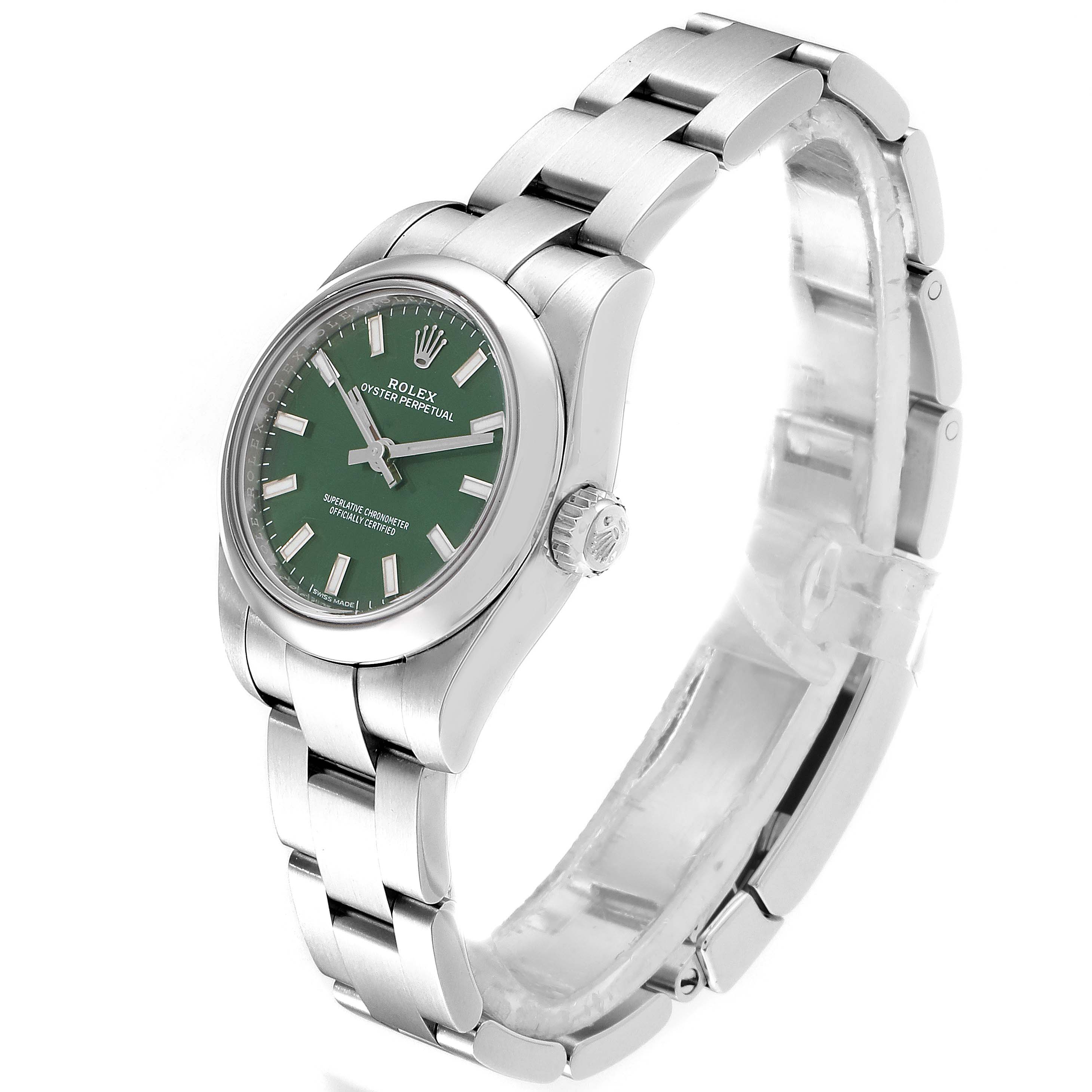 The image shows a side and front angle of the Rolex Oyster Perpetual 176200 Women's Stainless Steel Green Dial 176200 Women's Stainless Steel Green Dial watch, displaying its green dial and silver bracelet.