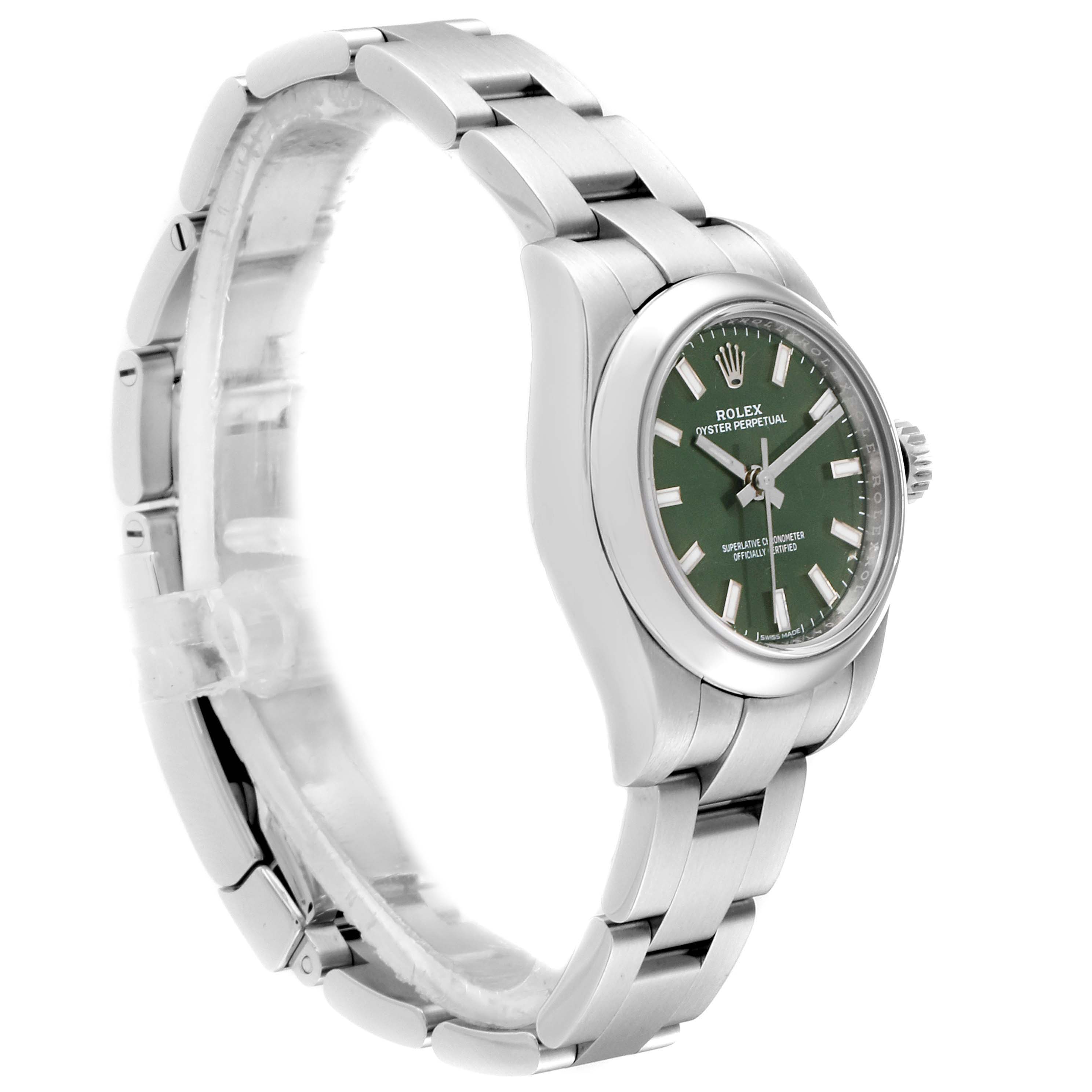 The Rolex Oyster Perpetual 176200 Women's Stainless Steel Green Dial 176200 Women's Stainless Steel Green Dial watch is shown from a side angle, displaying the bracelet, case, dial, and crown.