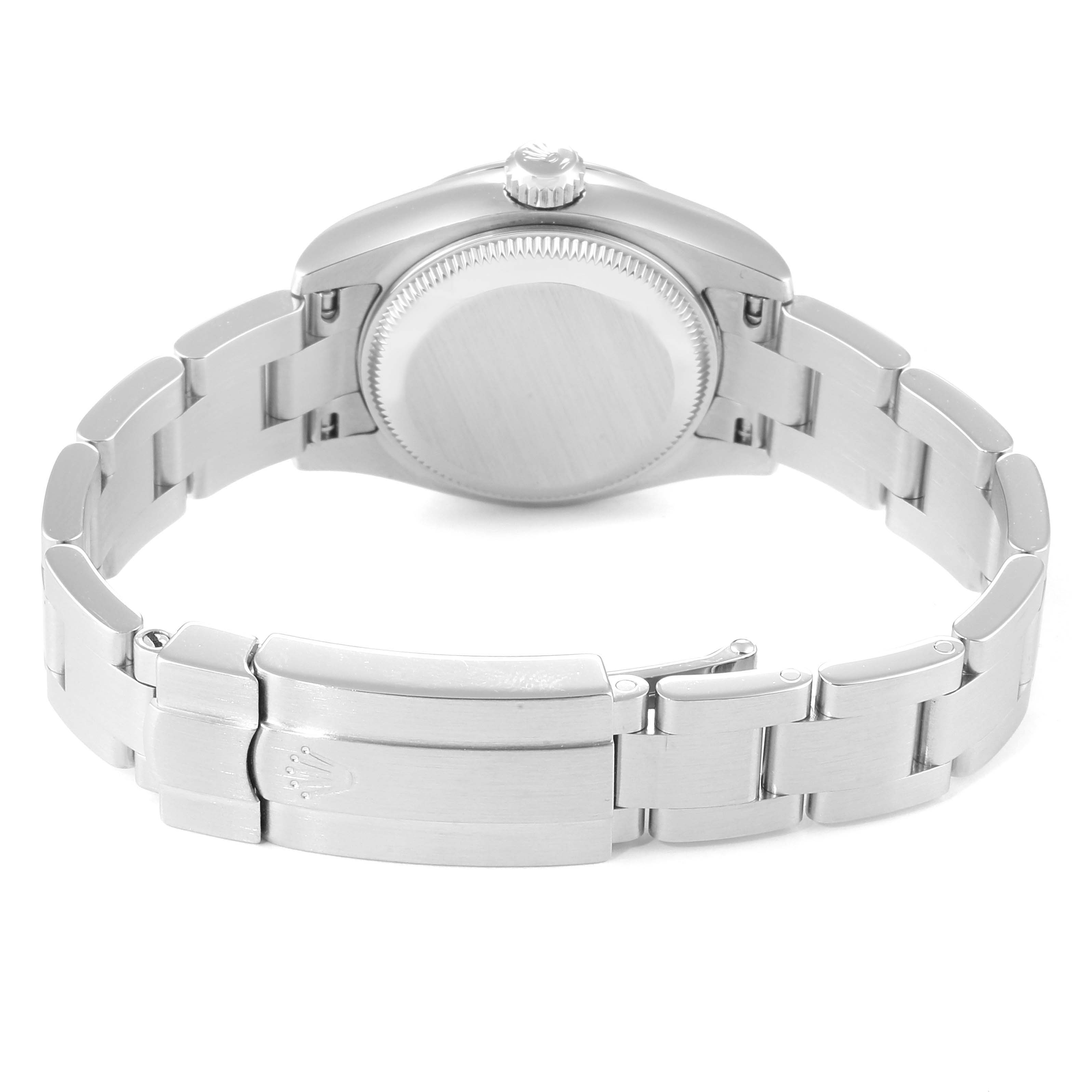 This image shows the back view of a Rolex Oyster Perpetual 176200 Women's Stainless Steel Green Dial 176200 Women's Stainless Steel Green Dial watch, highlighting the case back and bracelet with the clasp visible.