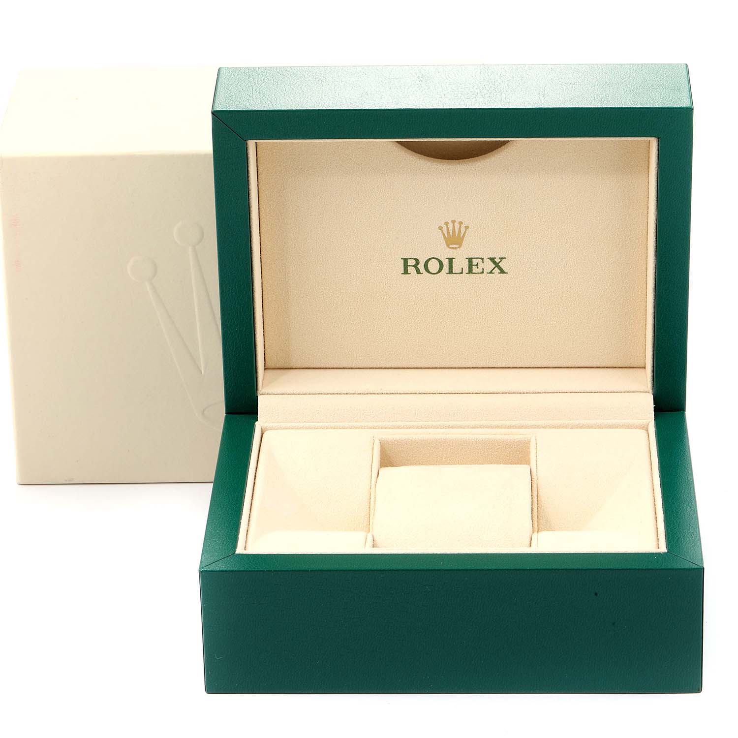 This image shows an open Rolex Oyster Perpetual 176200 Women's Stainless Steel Green Dial 176200 Women's Stainless Steel Green Dial watch box with its padded interior and logo visible.