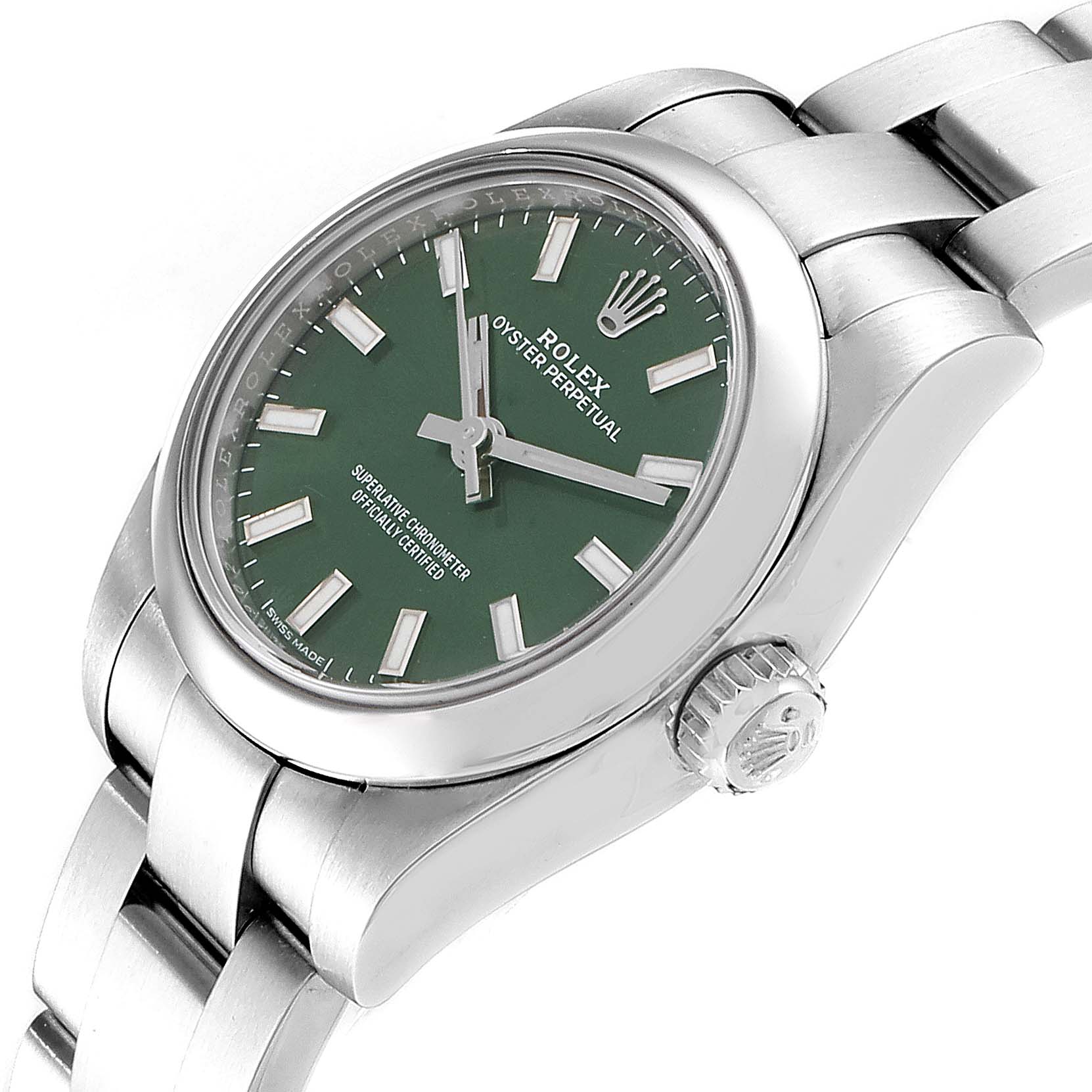 This image shows a side view of the Rolex Oyster Perpetual 176200 Women's Stainless Steel Green Dial 176200 Women's Stainless Steel Green Dial watch, highlighting its green dial, silver markers, crown, and bracelet.
