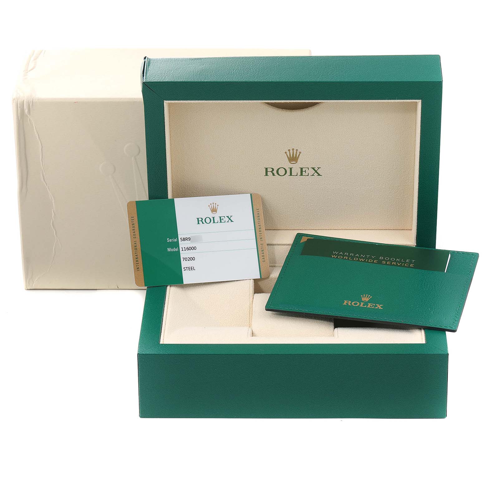The image shows the watch box, warranty card, and booklet for a Rolex Oyster Perpetual 116000 Men's Stainless Steel Grey Dial 116000 Men's Stainless Steel Grey Dial model.