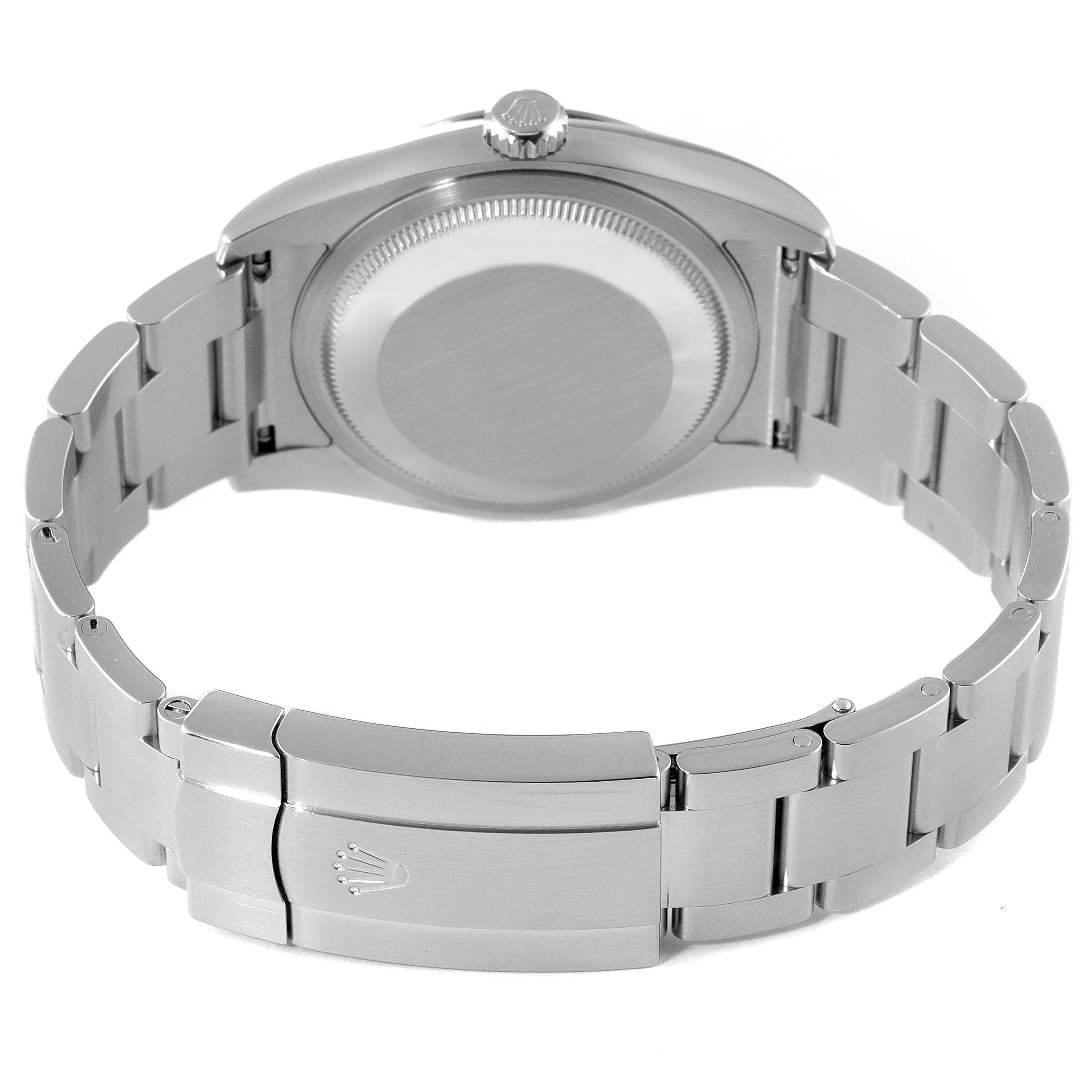 This image shows the back of the Rolex Oyster Perpetual 116000 Men's Stainless Steel Grey Dial 116000 Men's Stainless Steel Grey Dial watch and its bracelet, including the clasp with the Rolex logo.