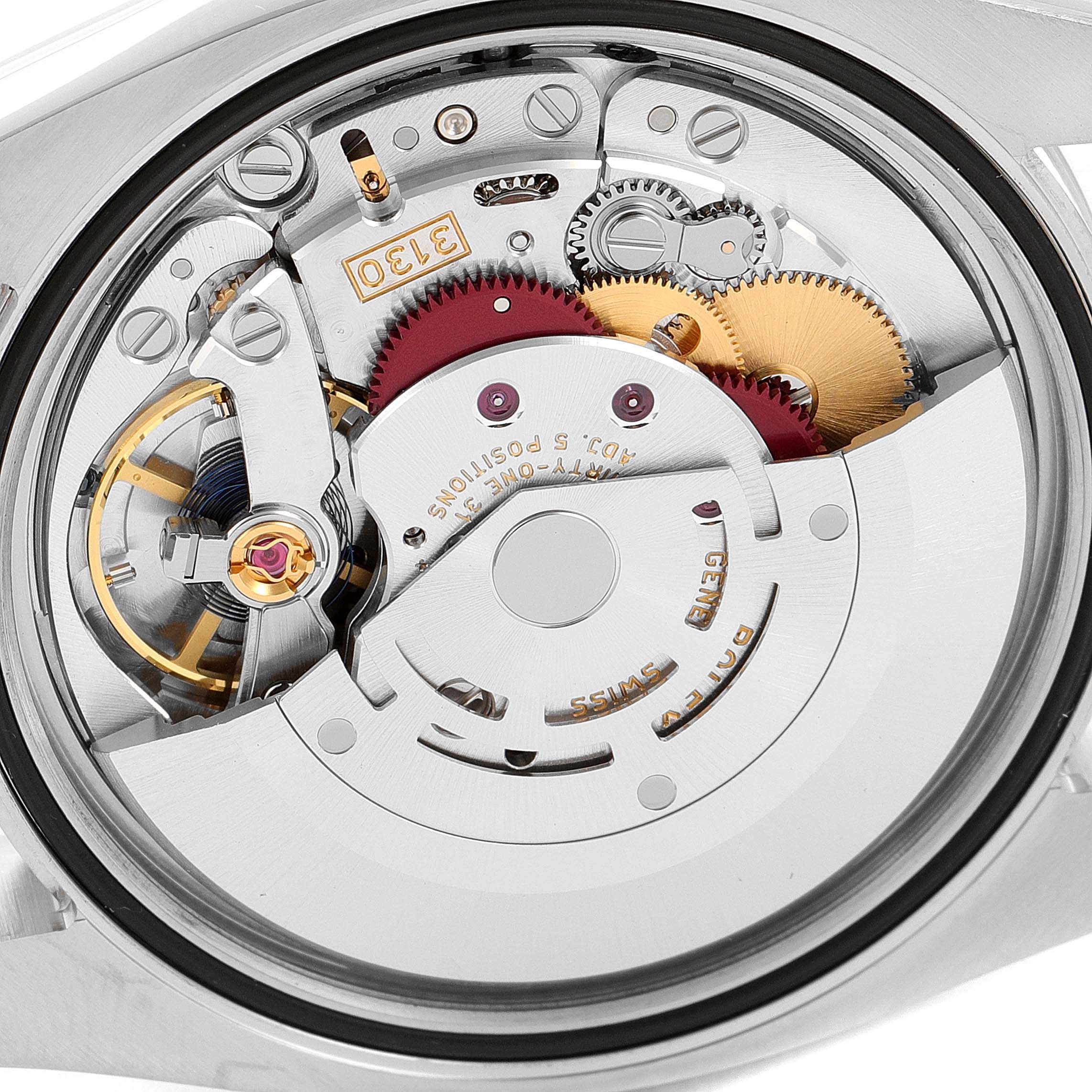 The image shows a close-up of the internal mechanism of the Rolex Oyster Perpetual 116000 Men's Stainless Steel Grey Dial 116000 Men's Stainless Steel Grey Dial watch.