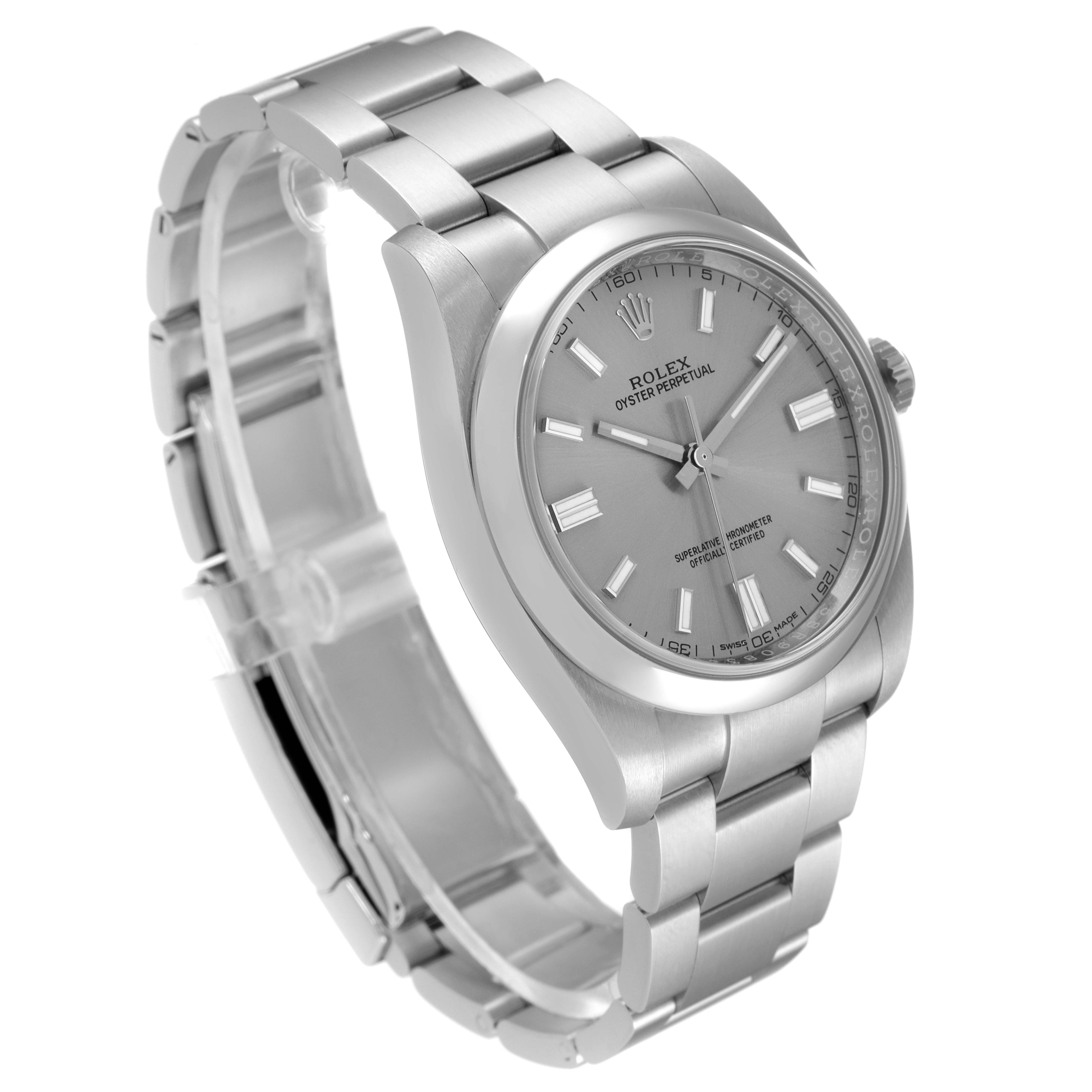 The image shows a side angled view of a Rolex Oyster Perpetual 116000 Men's Stainless Steel Grey Dial 116000 Men's Stainless Steel Grey Dial watch displaying its face, bezel, and bracelet.