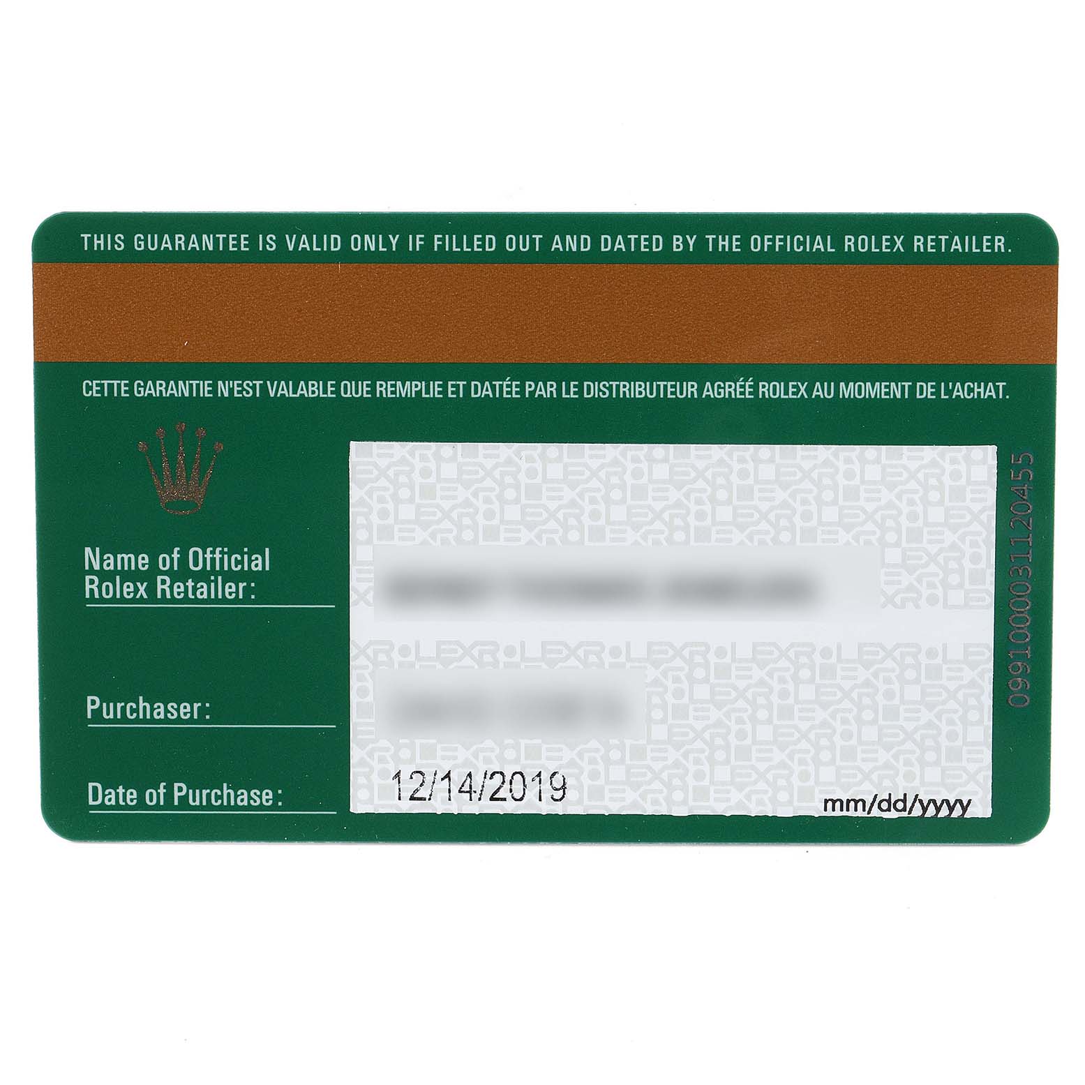 This is the warranty card for a Rolex Oyster Perpetual 116000 Men's Stainless Steel Grey Dial 116000 Men's Stainless Steel Grey Dial watch, shown from a top-down angle.