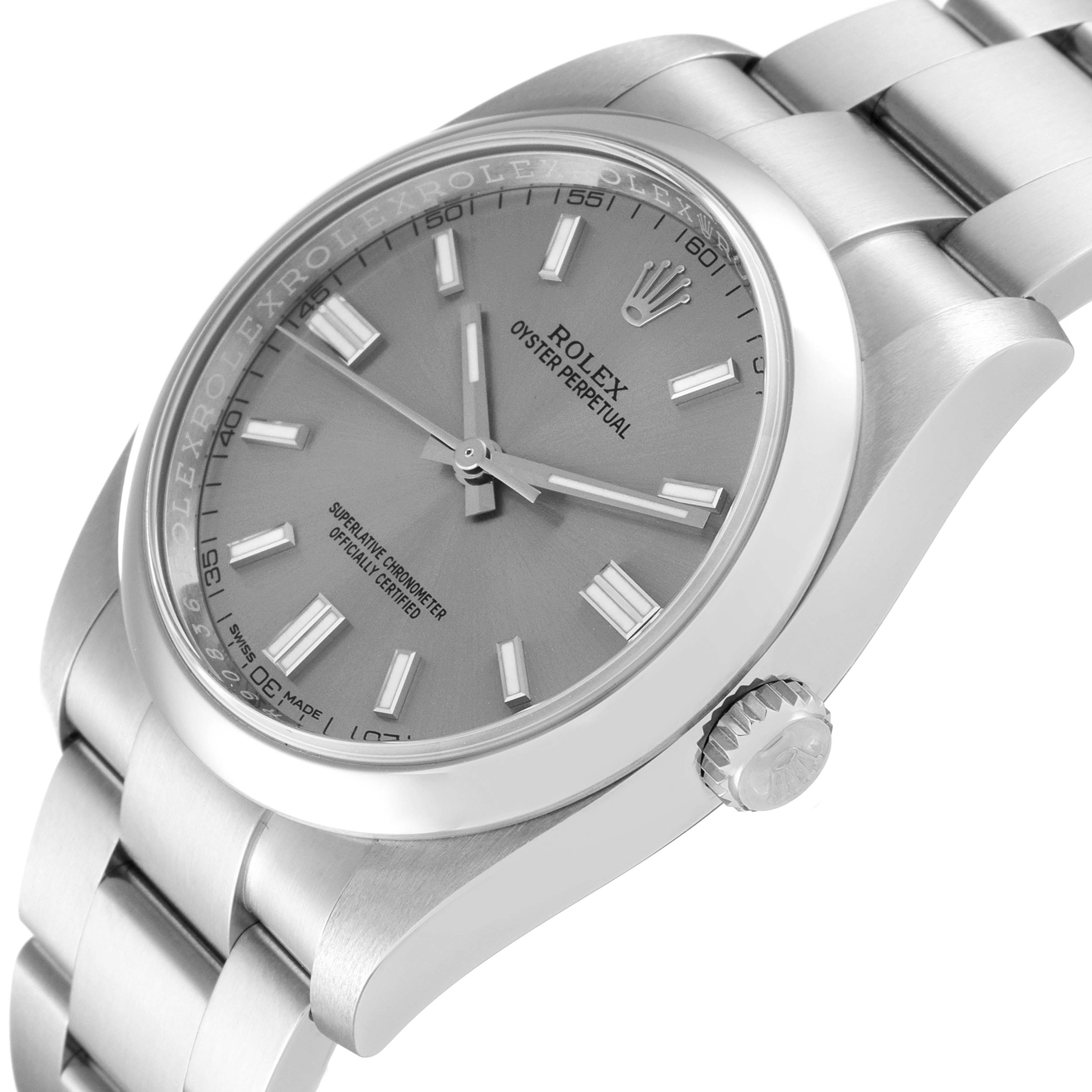This image shows a side profile of the Rolex Oyster Perpetual 116000 Men's Stainless Steel Grey Dial 116000 Men's Stainless Steel Grey Dial watch, highlighting its dial, case, bracelet, and crown.