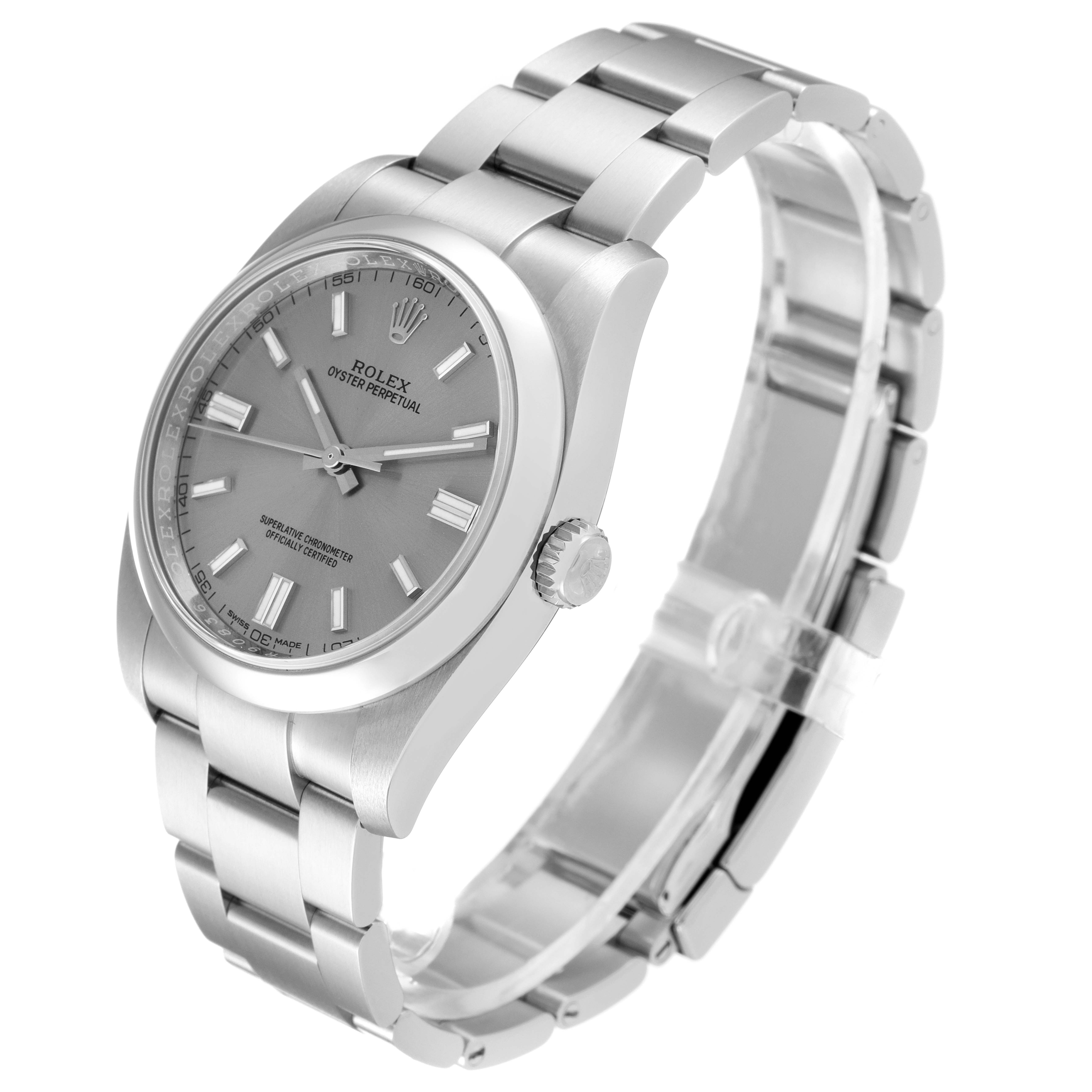 The image shows a Rolex Oyster Perpetual 116000 Men's Stainless Steel Grey Dial 116000 Men's Stainless Steel Grey Dial watch at a slight angle, with the dial, crown, and bracelet clearly visible.