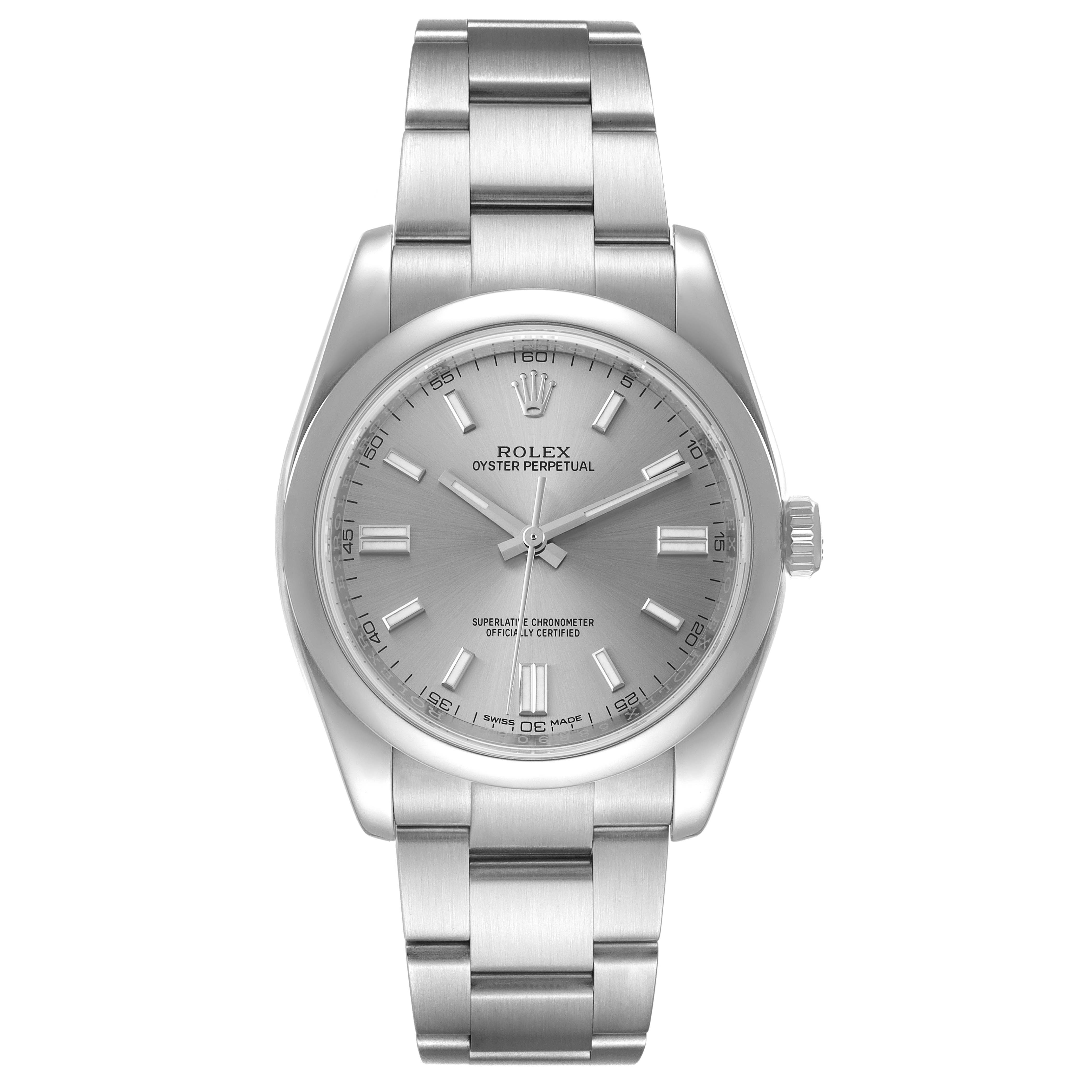 This image shows the front view of a Rolex Oyster Perpetual 116000 Men's Stainless Steel Grey Dial 116000 Men's Stainless Steel Grey Dial watch, displaying the dial, case, bezel, crown, and bracelet.