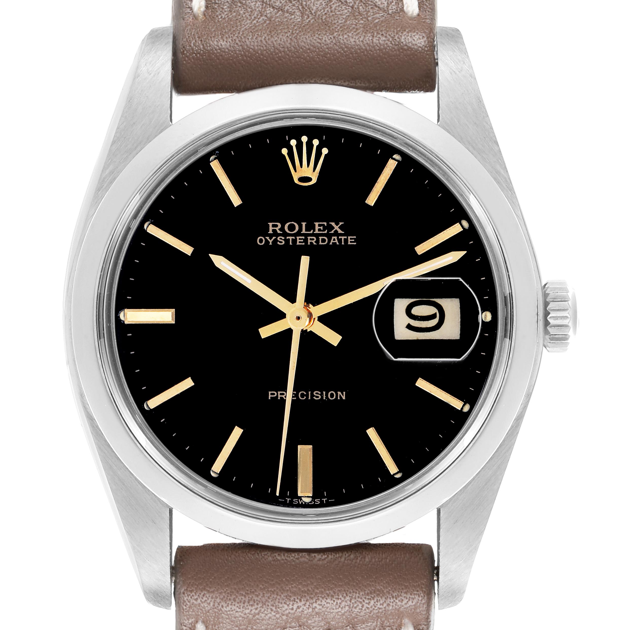 The Rolex Vintage Collection 6694 Men's Stainless Steel Black Dial 6694 Men's Stainless Steel Black Dial watch is shown from a front angle, highlighting its black dial, gold markers, date window, and crown.