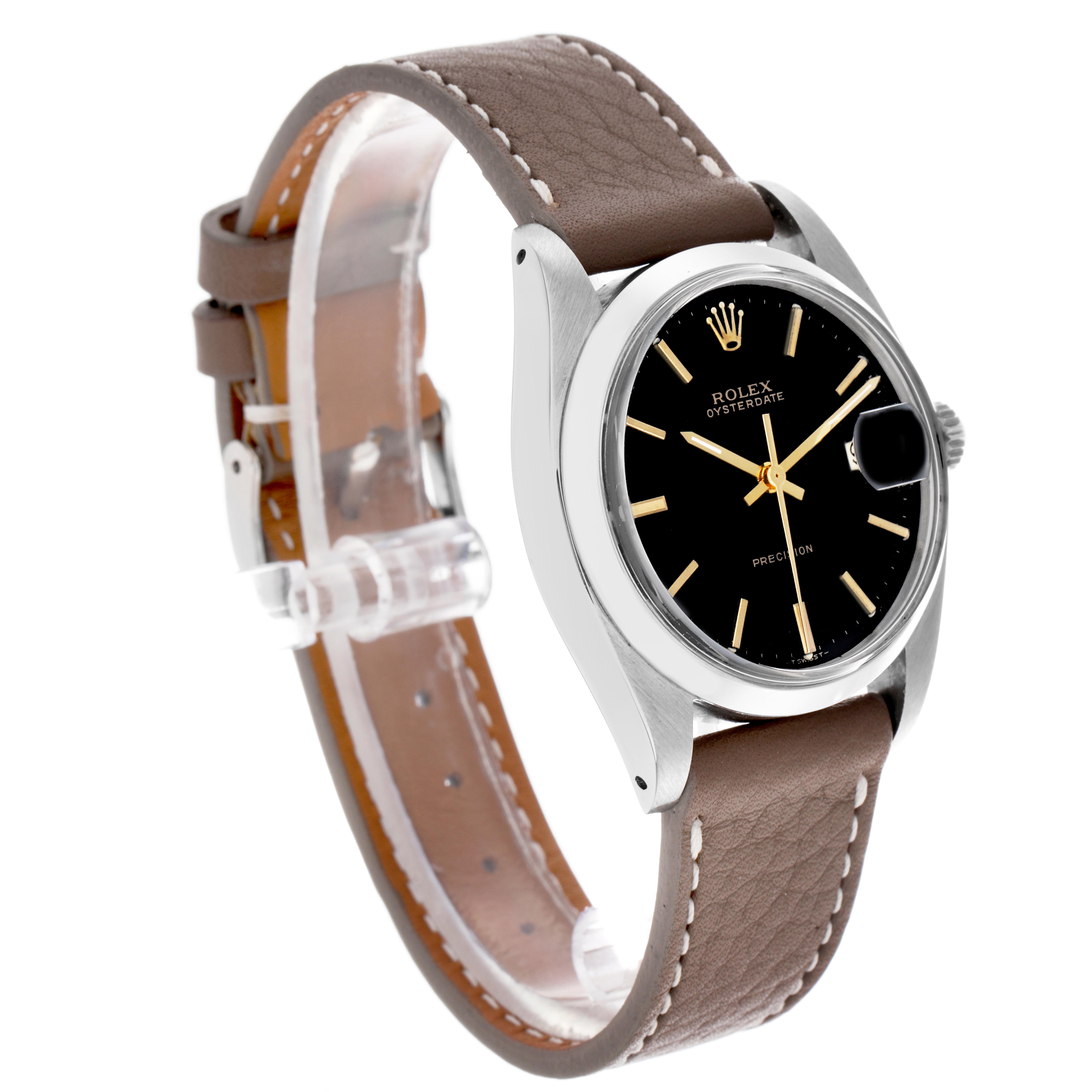 The Rolex Vintage Collection 6694 Men's Stainless Steel Black Dial 6694 Men's Stainless Steel Black Dial watch is shown at a three-quarter angle, displaying the dial, case, and brown leather strap.