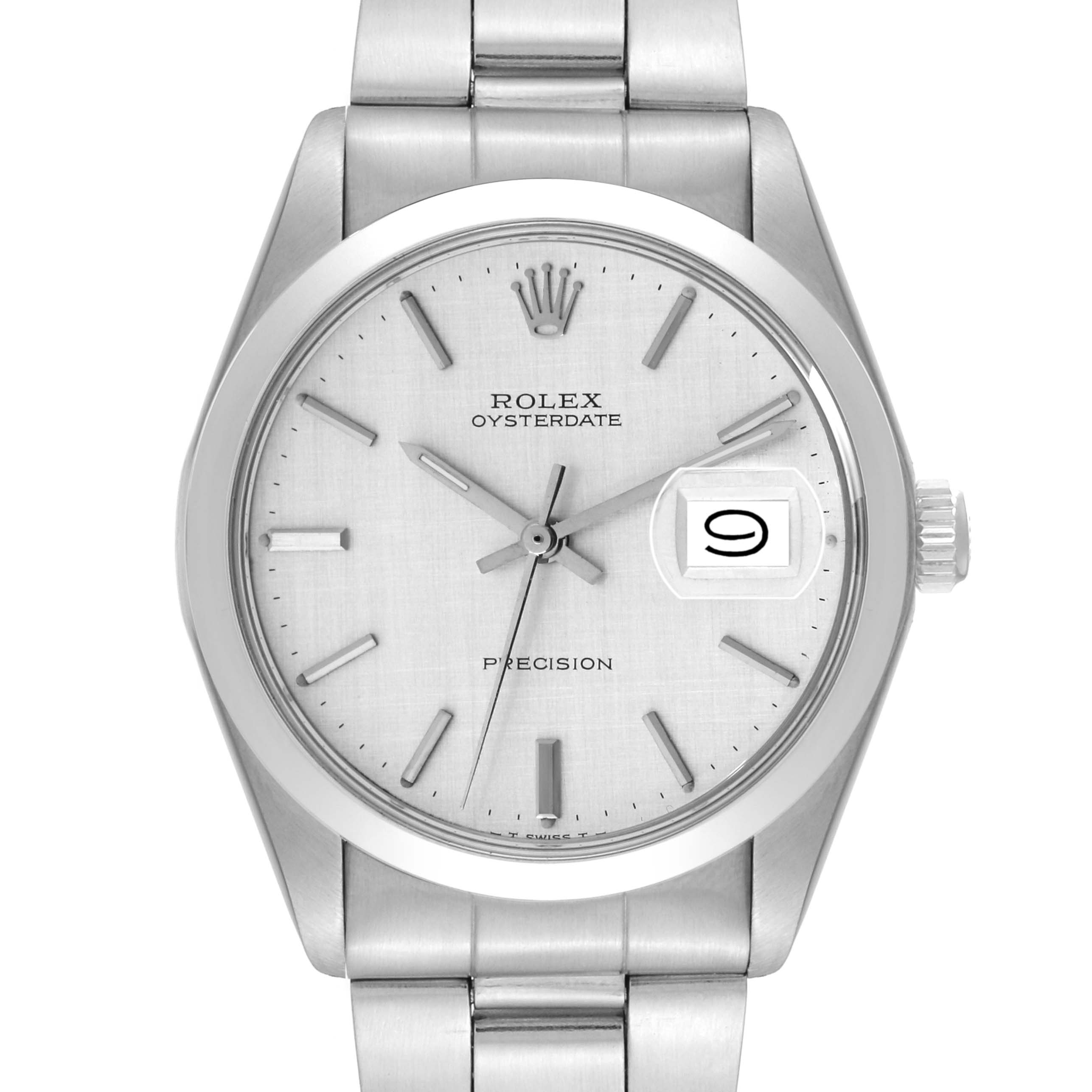 The image shows a front view of a Rolex Vintage Collection 6694 Men's Stainless Steel Silver Dial 6694 Men's Stainless Steel Silver Dial Oysterdate model watch, highlighting the dial, indices, hands, bezel, crown, and bracelet.