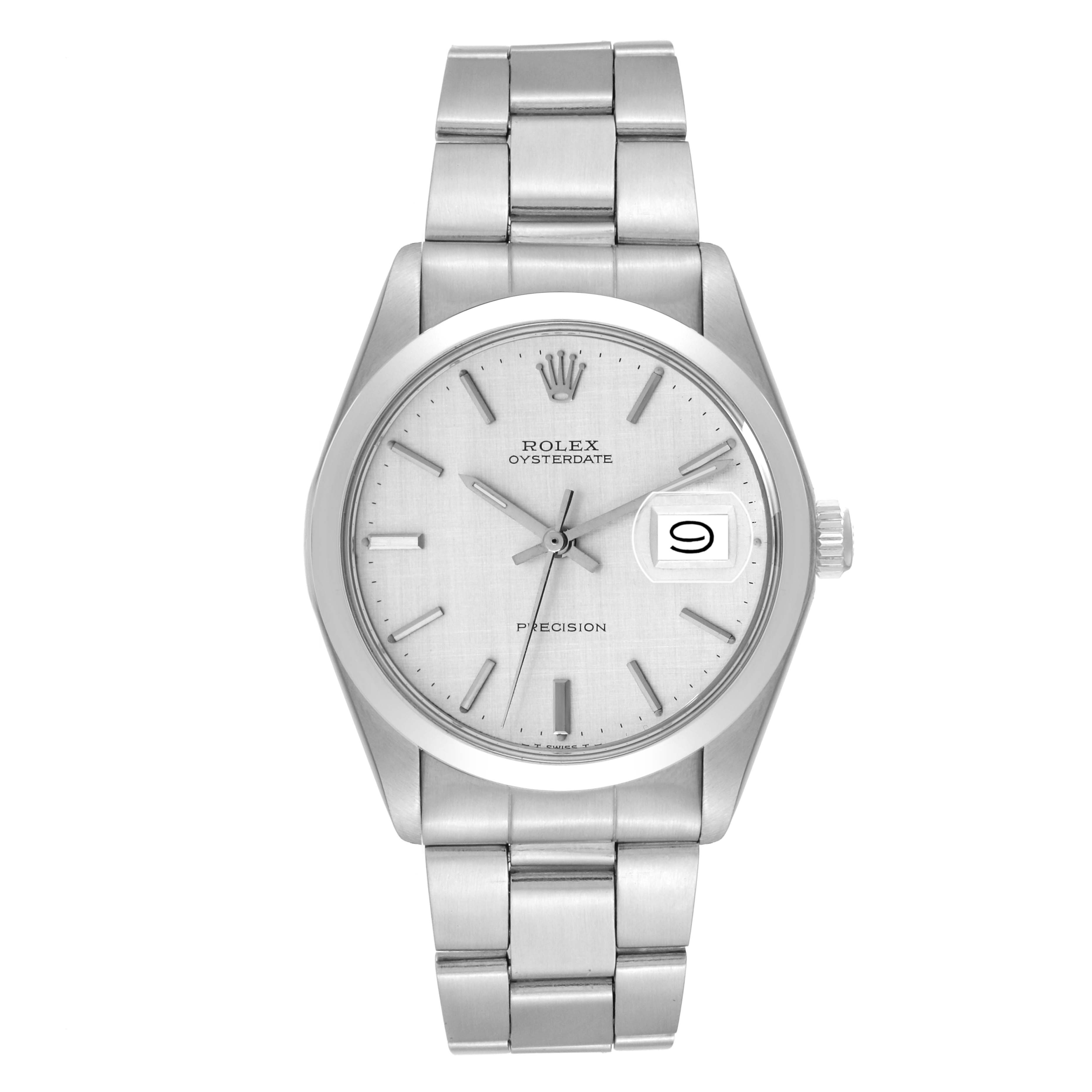 This image shows a front view of the Rolex Vintage Collection 6694 Men's Stainless Steel Silver Dial 6694 Men's Stainless Steel Silver Dial model Oysterdate watch, highlighting the face, bezel, crown, and bracelet.