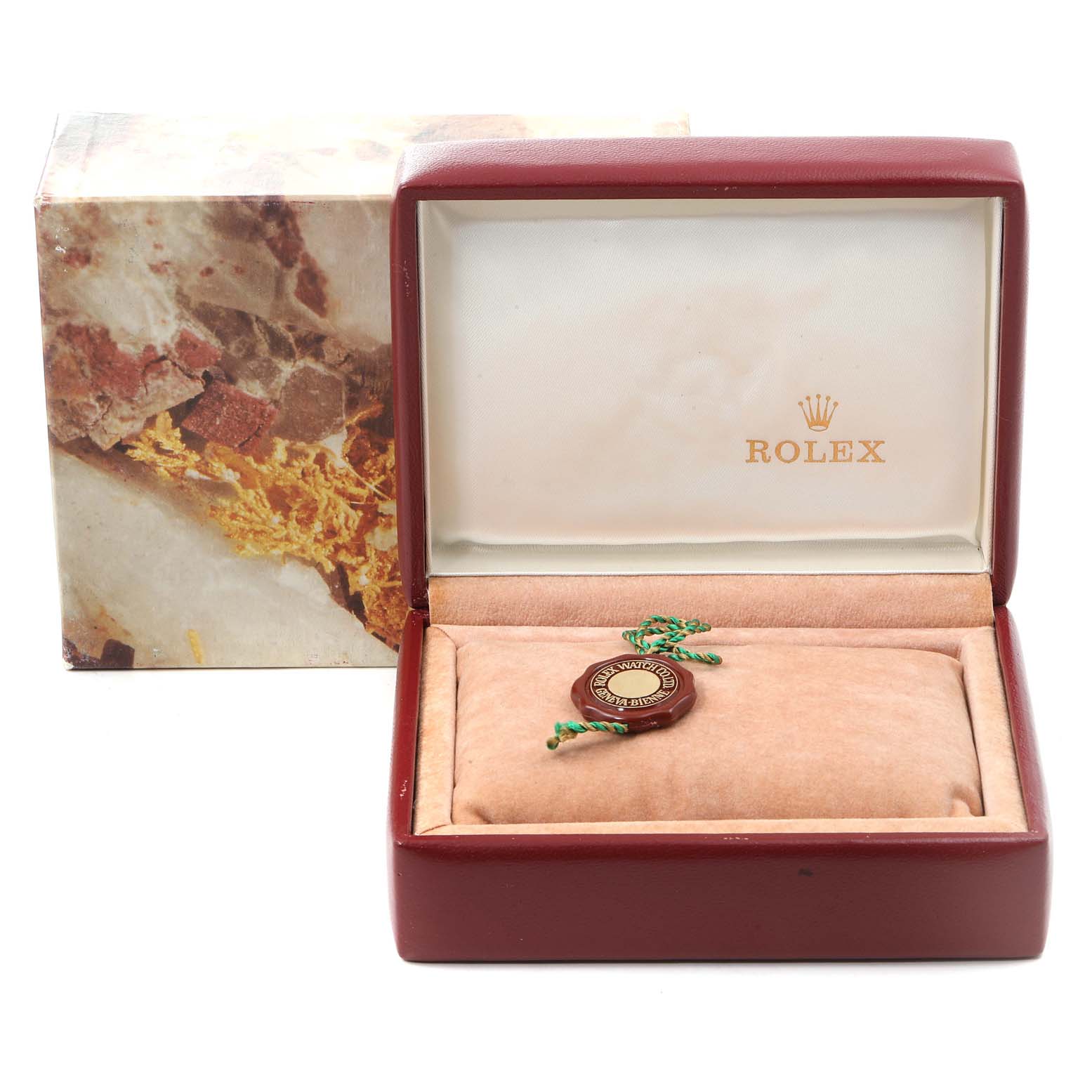 The image shows an open Rolex President 69178 Women
s Yellow Gold Champagne Dial 69178 Women
s Yellow Gold Champagne Dial model watch box, including the original packaging and watch tag.