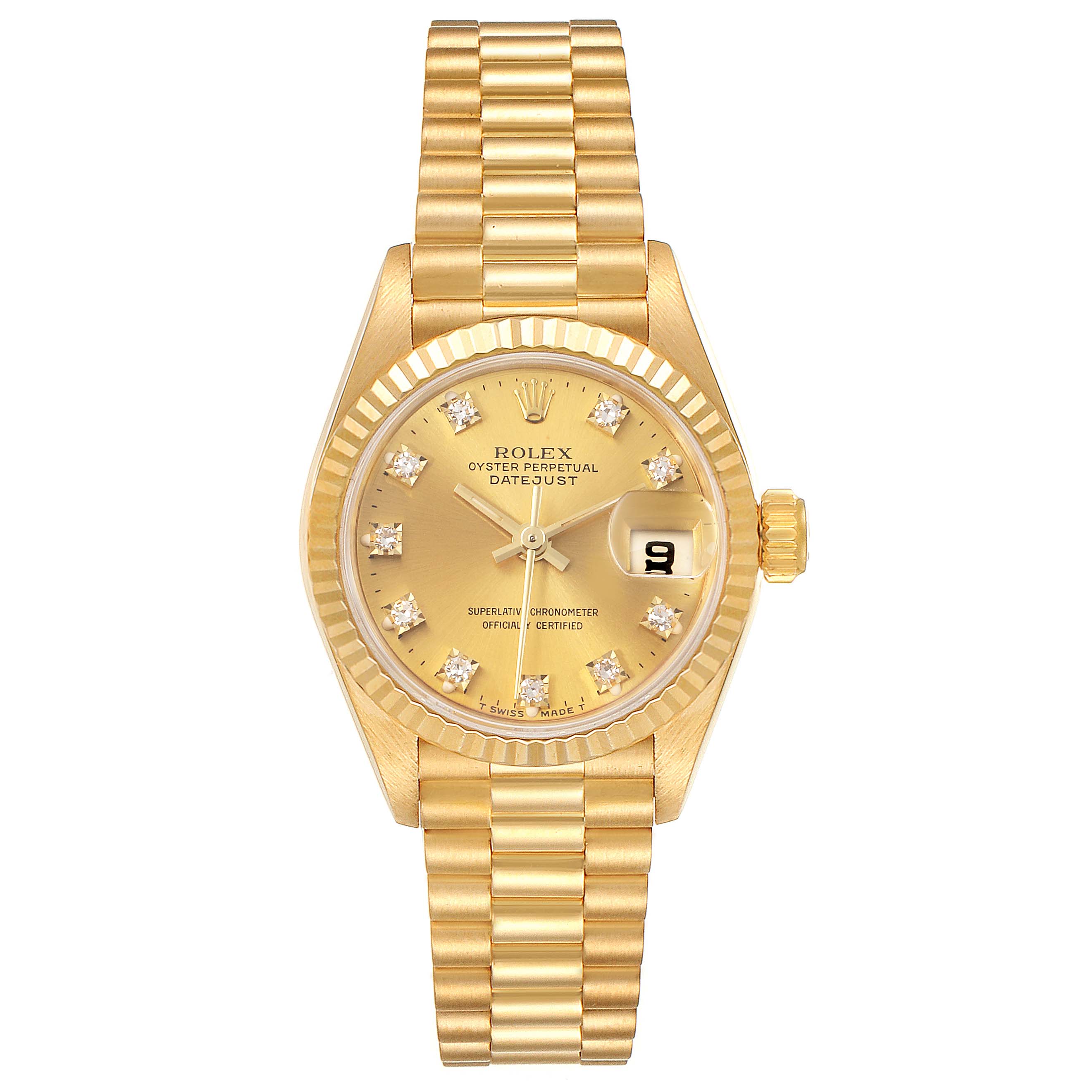 The image shows a front view of the Rolex President 69178 Women
s Yellow Gold Champagne Dial 69178 Women
s Yellow Gold Champagne Dial model watch, featuring its dial, bezel, and bracelet.