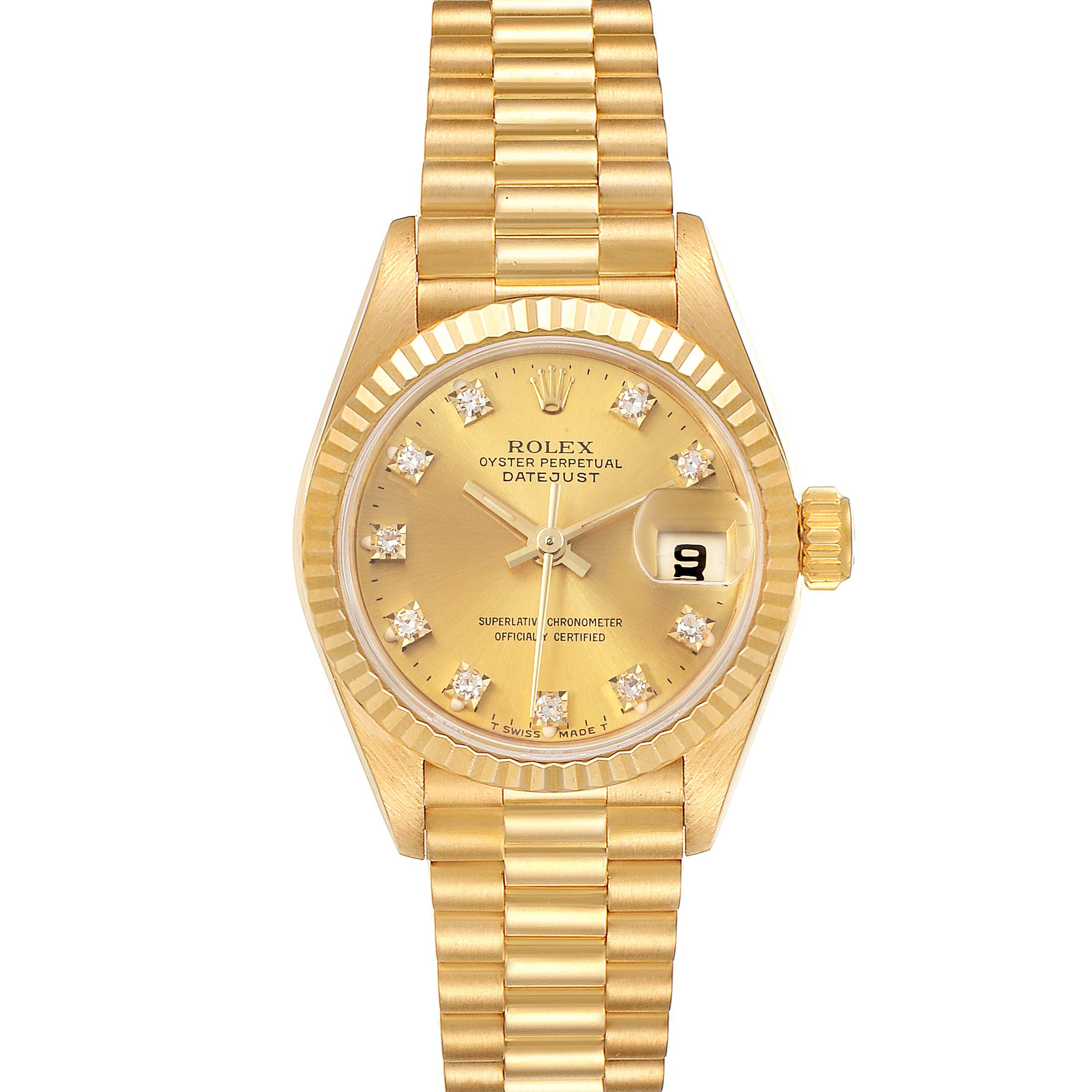 This Rolex President 69178 Women
s Yellow Gold Champagne Dial 69178 Women
s Yellow Gold Champagne Dial model watch is shown from a top-down angle, displaying its dial, fluted bezel, and President bracelet.