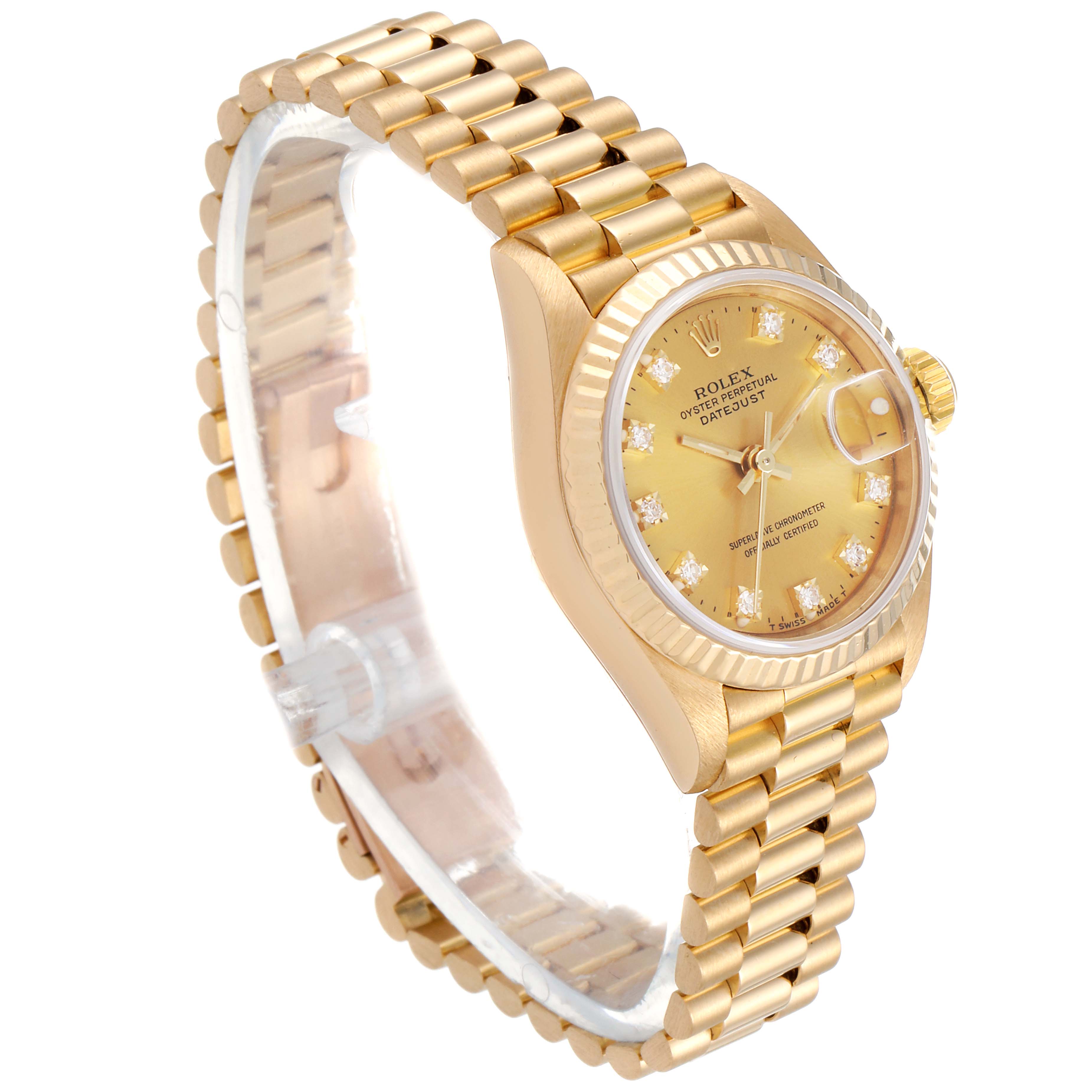 This image shows a Rolex President 69178 Women
s Yellow Gold Champagne Dial 69178 Women
s Yellow Gold Champagne Dial model watch at an angle, highlighting its gold band, case, and diamond-studded dial.