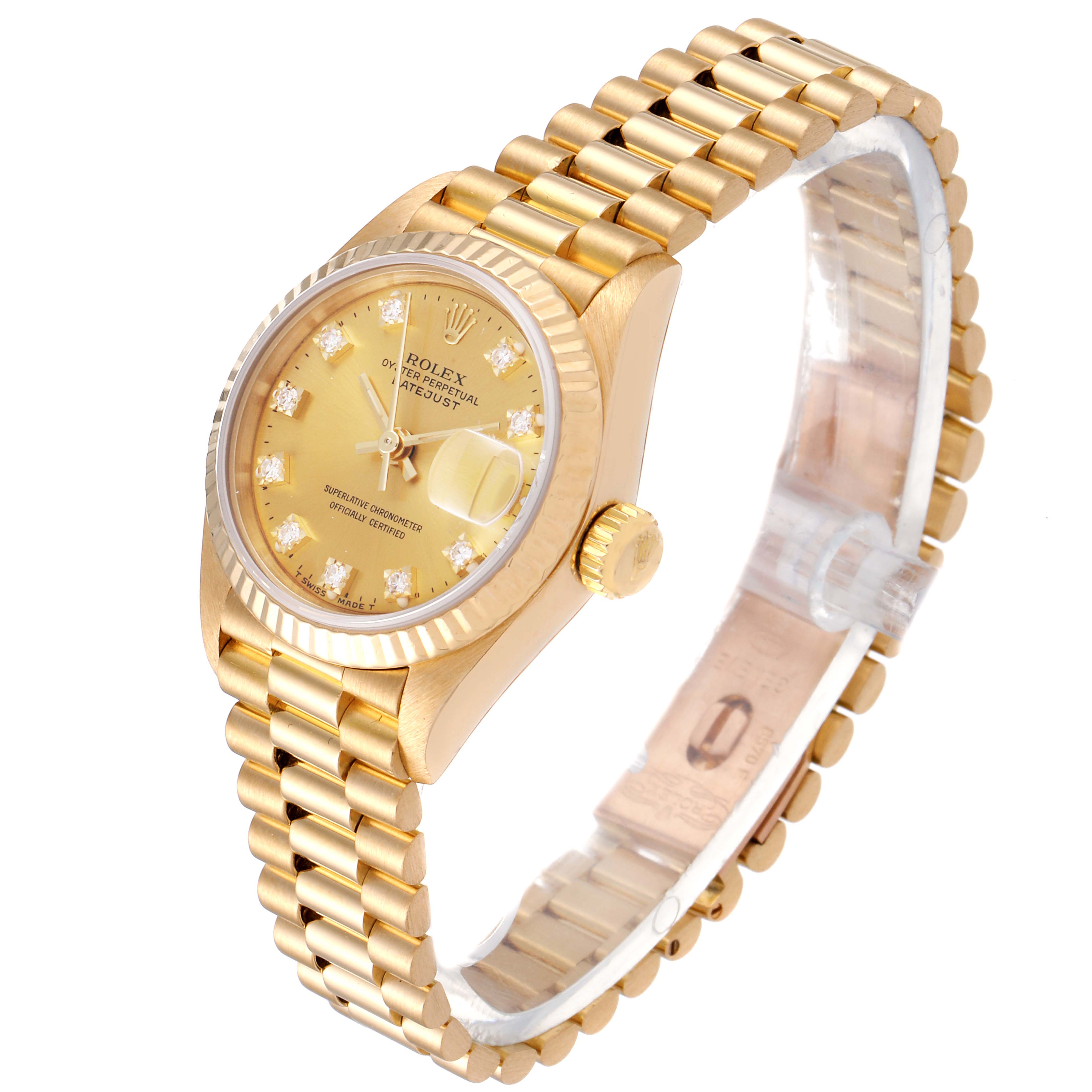 The Rolex President 69178 Women
s Yellow Gold Champagne Dial 69178 Women
s Yellow Gold Champagne Dial model watch is shown at an angle that displays the face, bezel, crown, and bracelet.