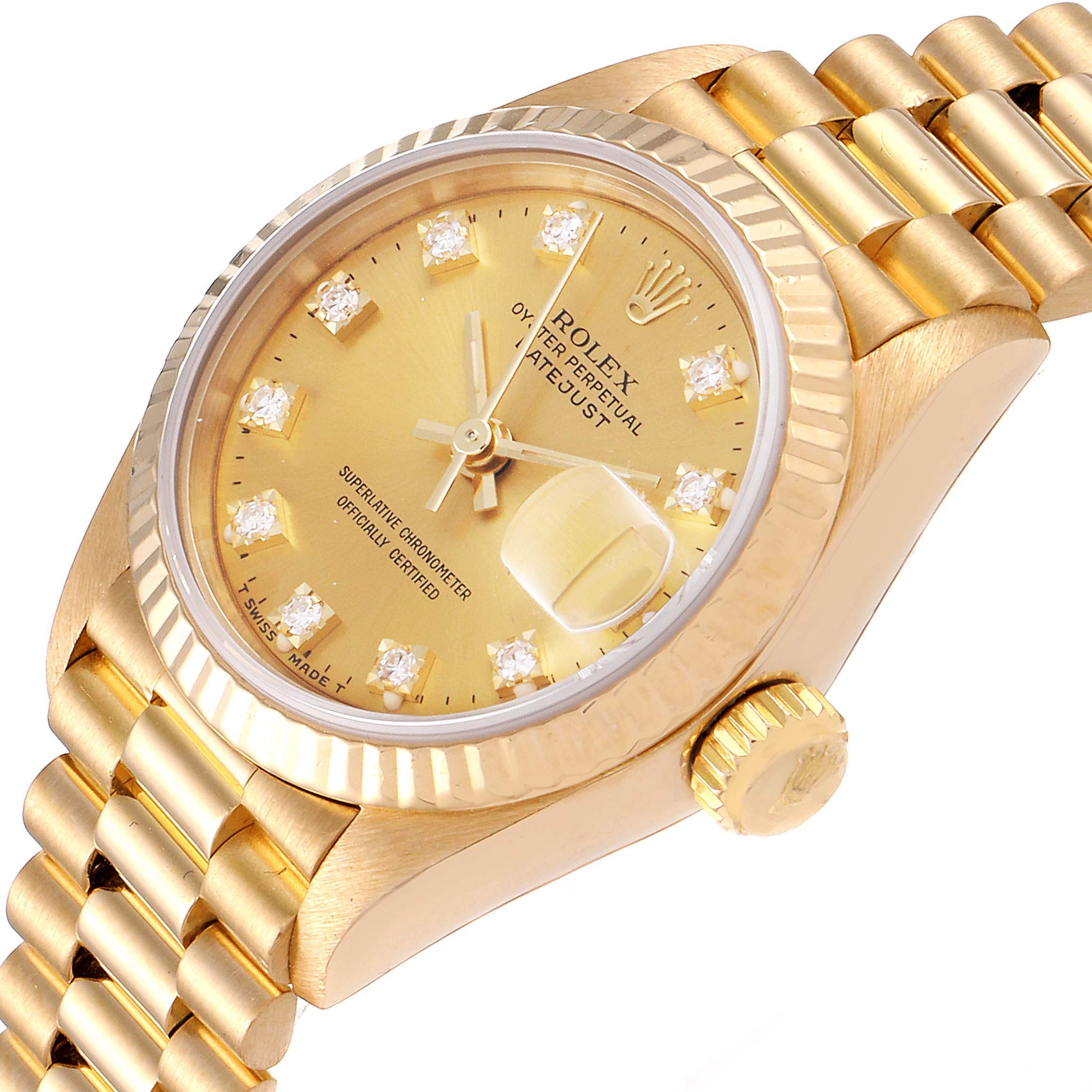 The image shows a close-up angle of a Rolex President 69178 Women
s Yellow Gold Champagne Dial 69178 Women
s Yellow Gold Champagne Dial model watch, highlighting its gold case, bezel, dial, and part of the bracelet.