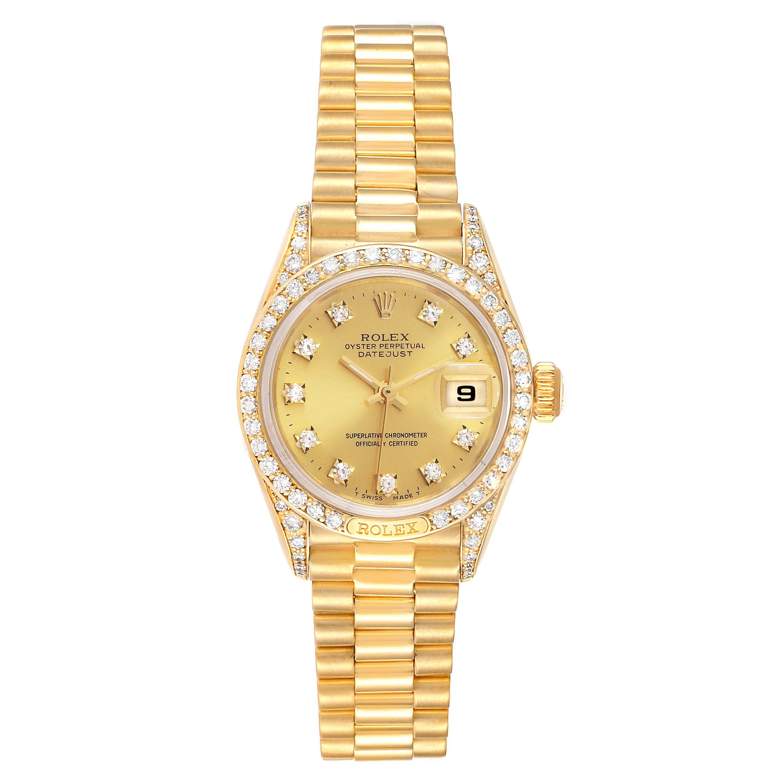 The Rolex President 69158 Women
s Yellow Gold Champagne Dial 69158 Women
s Yellow Gold Champagne Dial model watch is shown in a top-down view, displaying its gold bracelet, diamond bezel, and date window.