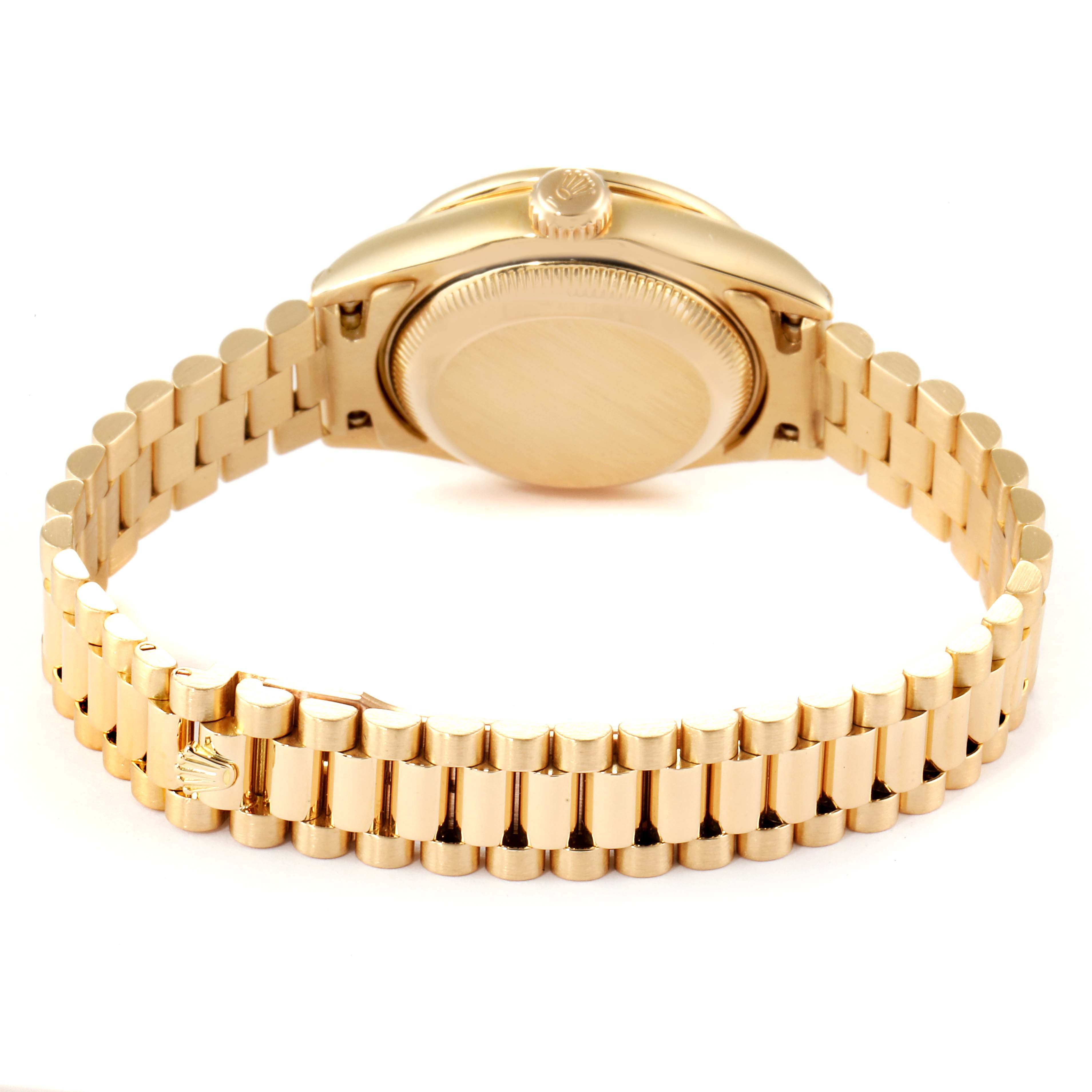 This image shows the back view of a Rolex President 69158 Women
s Yellow Gold Champagne Dial 69158 Women
s Yellow Gold Champagne Dial model watch, highlighting the case and bracelet.