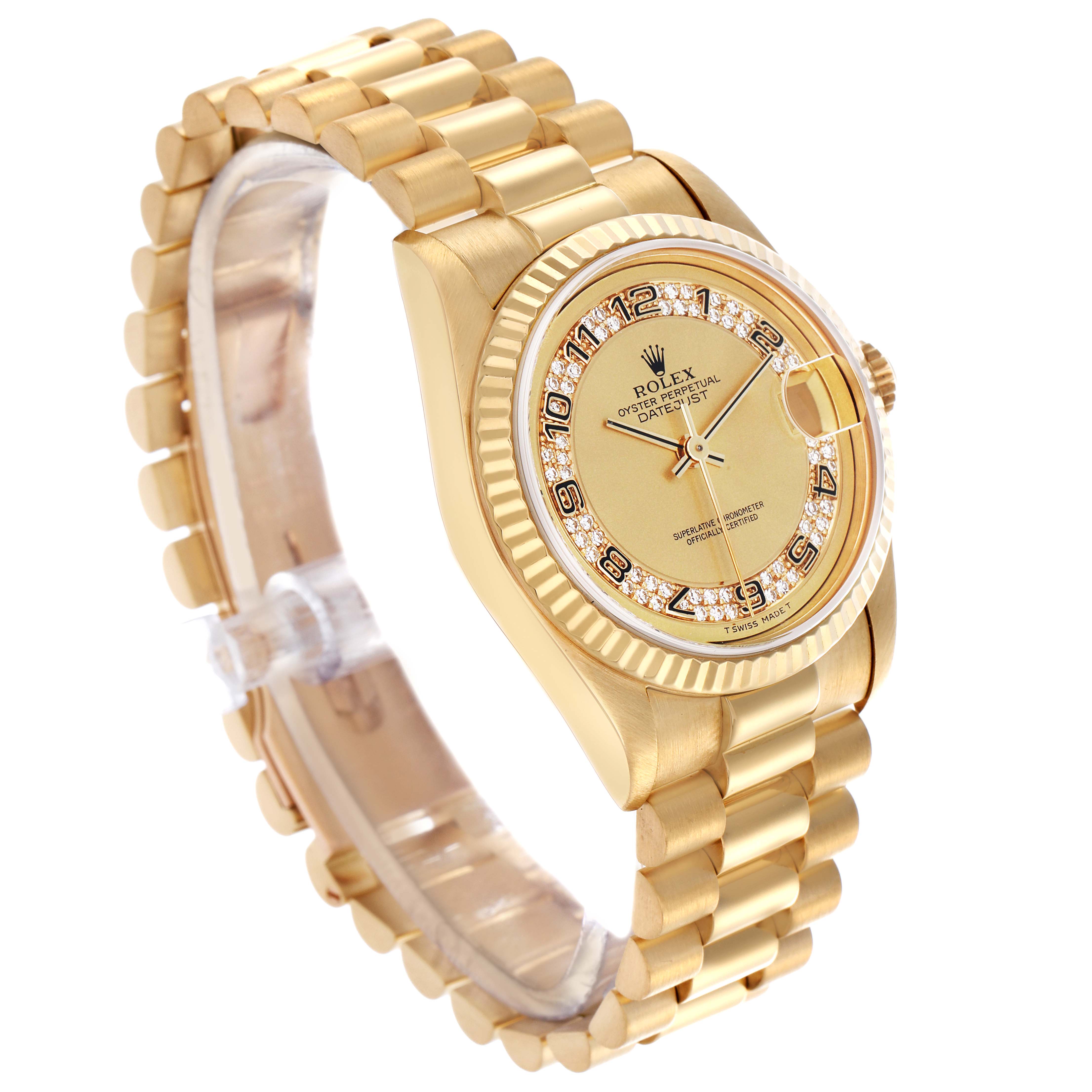 The Rolex Mid-Size model watch is shown at a slight diagonal angle, highlighting the bracelet, dial, and bezel.