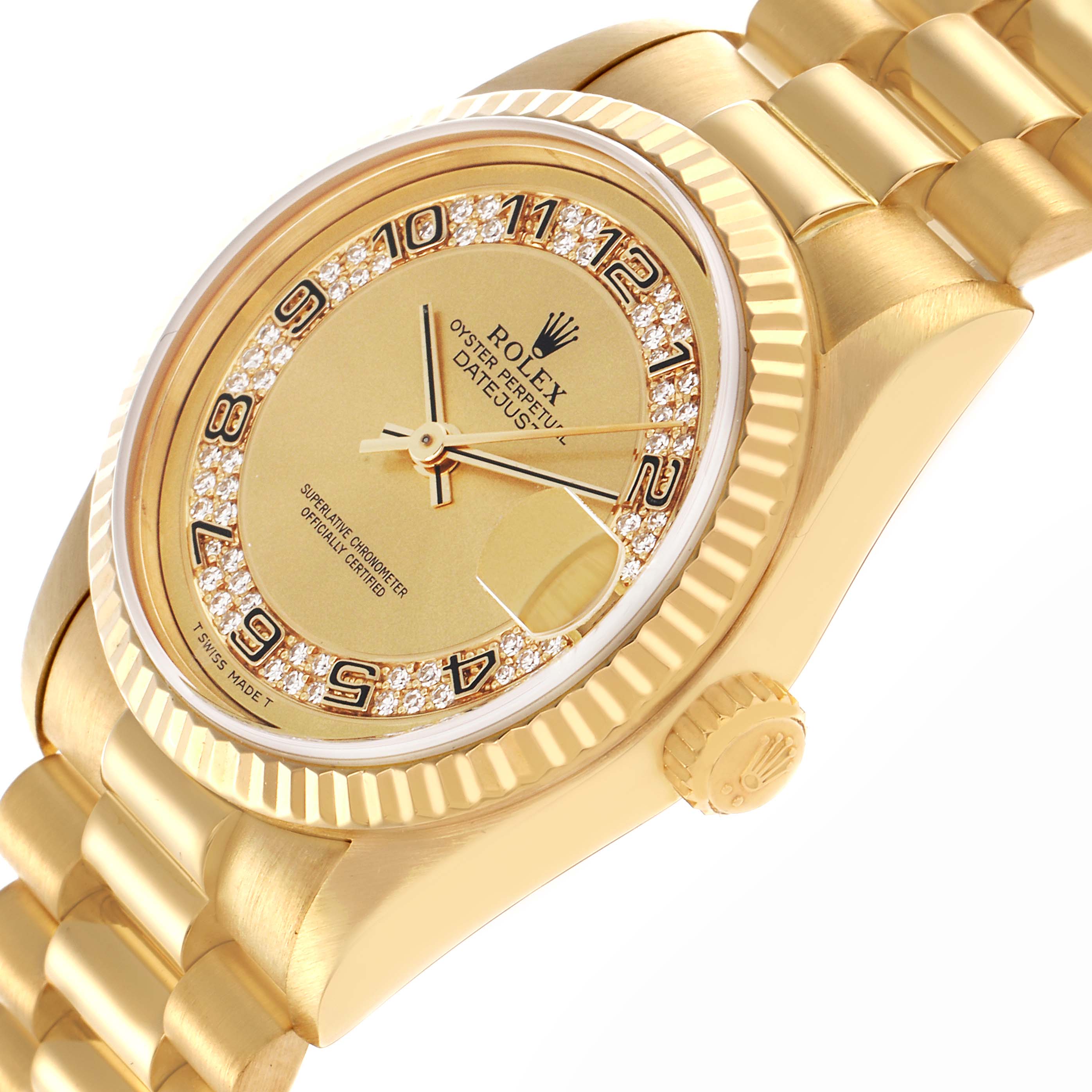 The Rolex Mid-Size watch is shown at an angle highlighting the face, bezel, crown, and part of the bracelet.