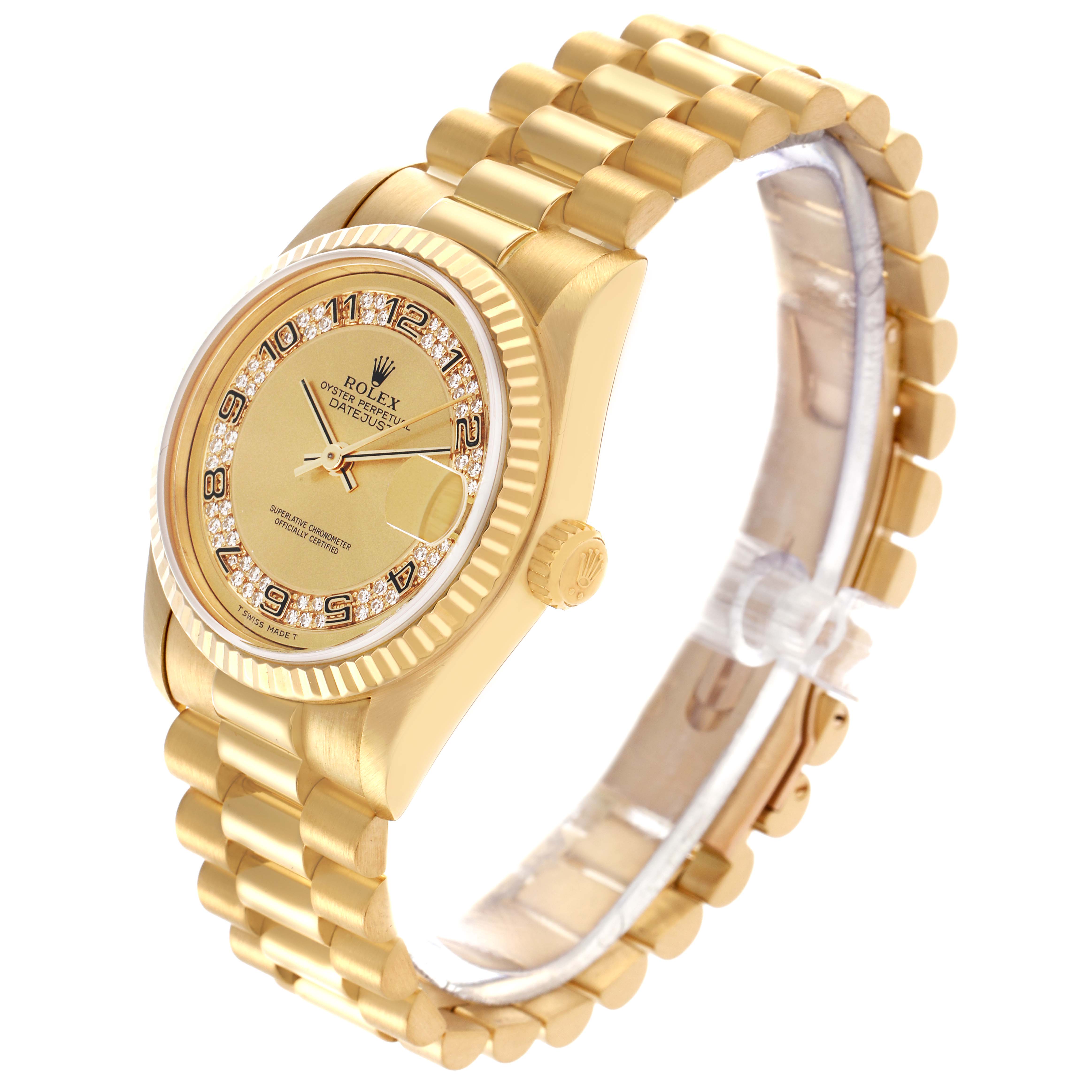 The Rolex Mid-Size watch is shown in a side angle, highlighting the dial, bezel, crown, and bracelet.