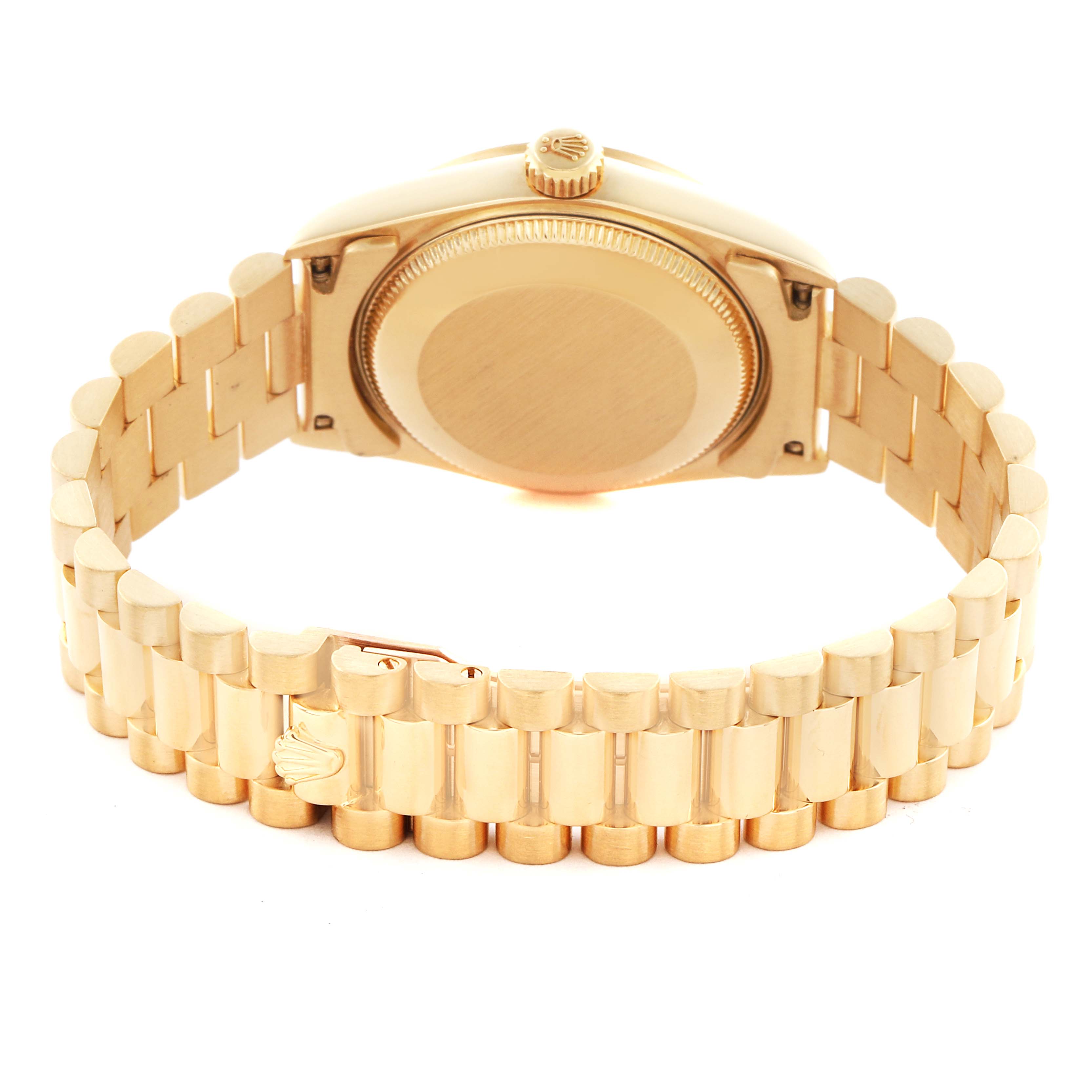 The image shows the back and bracelet of a Mid-Size Rolex watch, focusing on the case back and clasp.