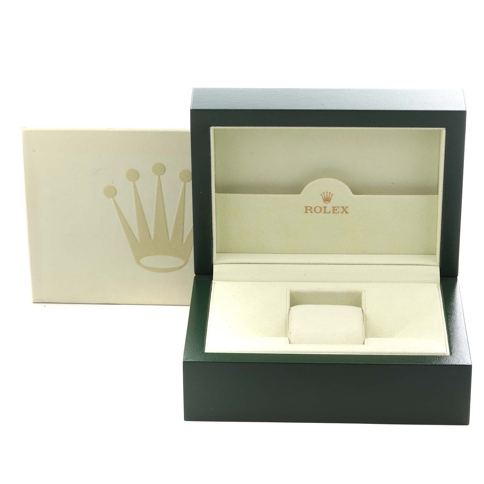 The image shows a Rolex Mid-Size model watch box with its lid open, displaying the interior and an outer box behind it.