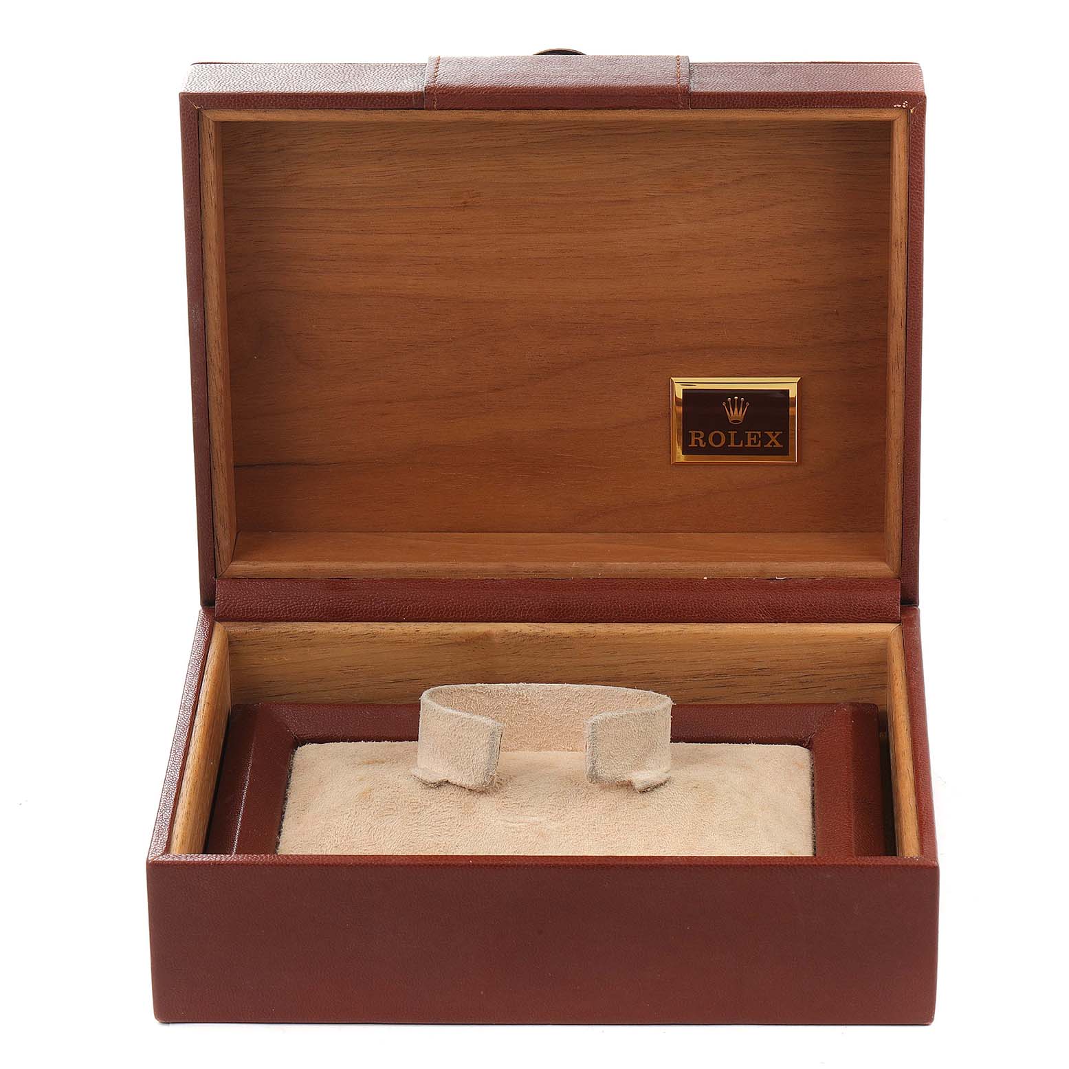 The image shows an open Rolex President 18238 Men's Yellow Gold Black Dial 18238 Men's Yellow Gold Black Dial model watch box with a cushion holder inside.